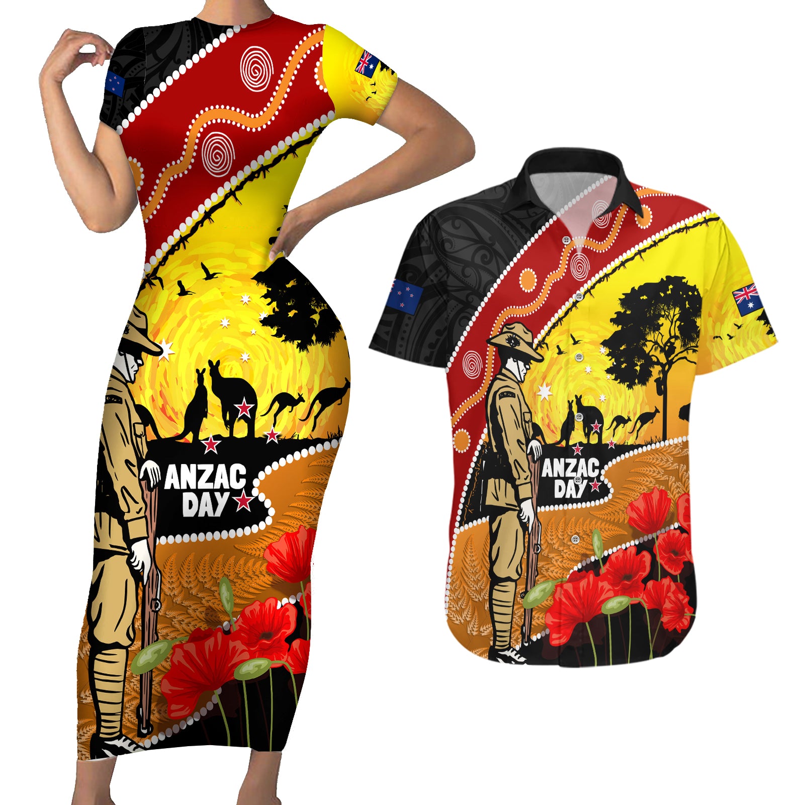 New Zealand And Australia ANZAC Day Couples Matching Short Sleeve Bodycon Dress and Hawaiian Shirt Aboriginal Maori Starring Night Style