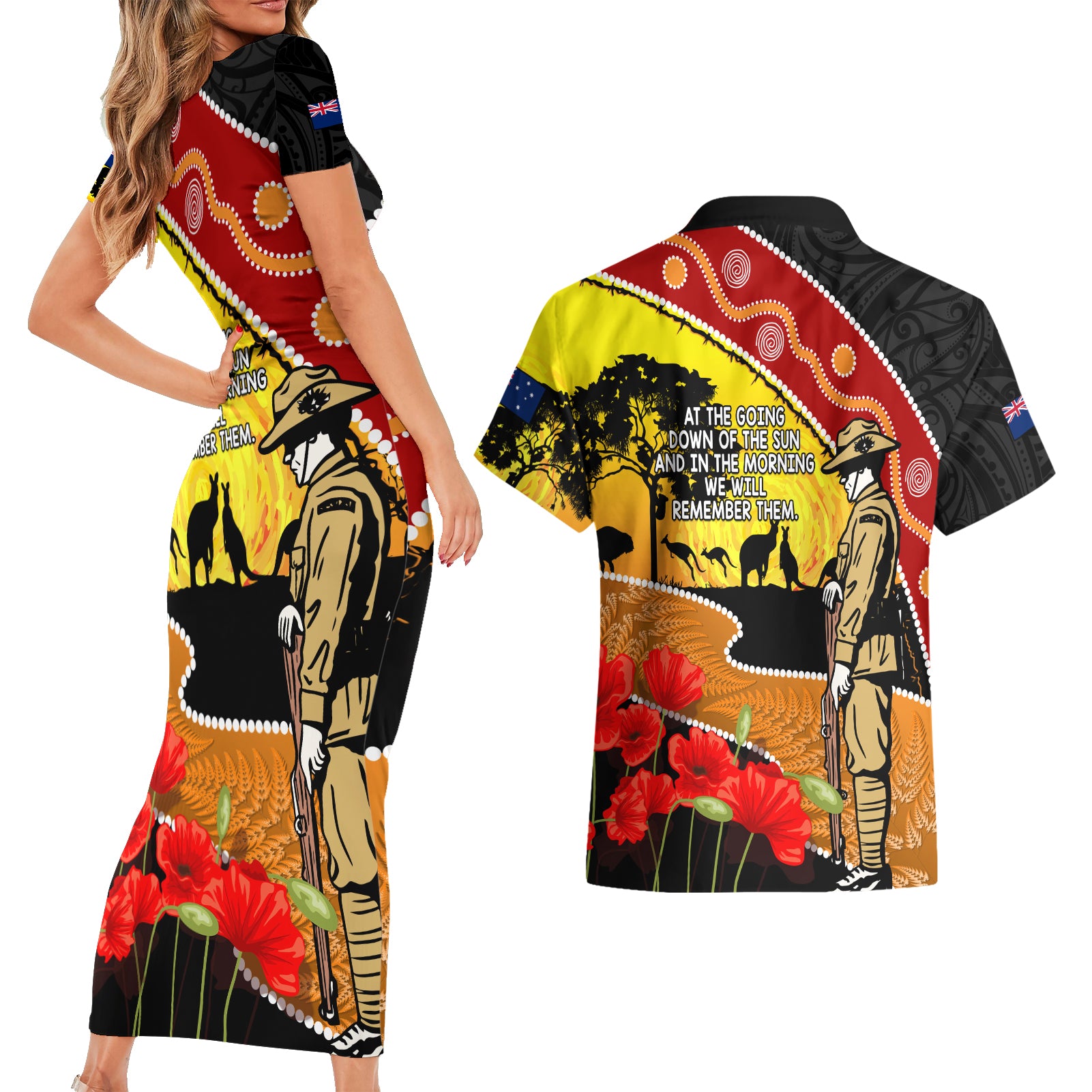 New Zealand And Australia ANZAC Day Couples Matching Short Sleeve Bodycon Dress and Hawaiian Shirt Aboriginal Maori Starring Night Style