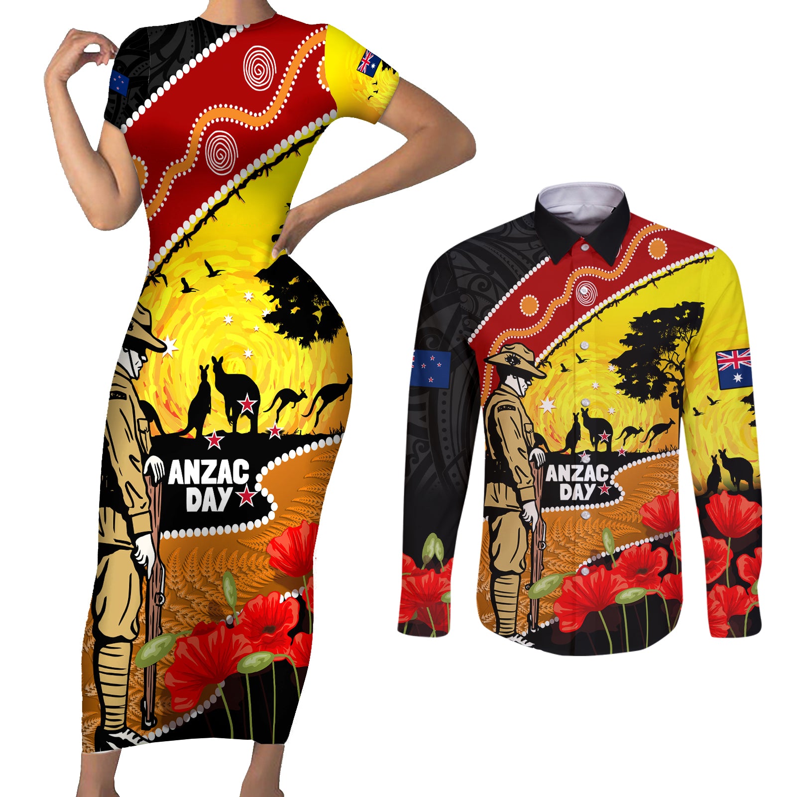 New Zealand And Australia ANZAC Day Couples Matching Short Sleeve Bodycon Dress and Long Sleeve Button Shirt Aboriginal Maori Starring Night Style