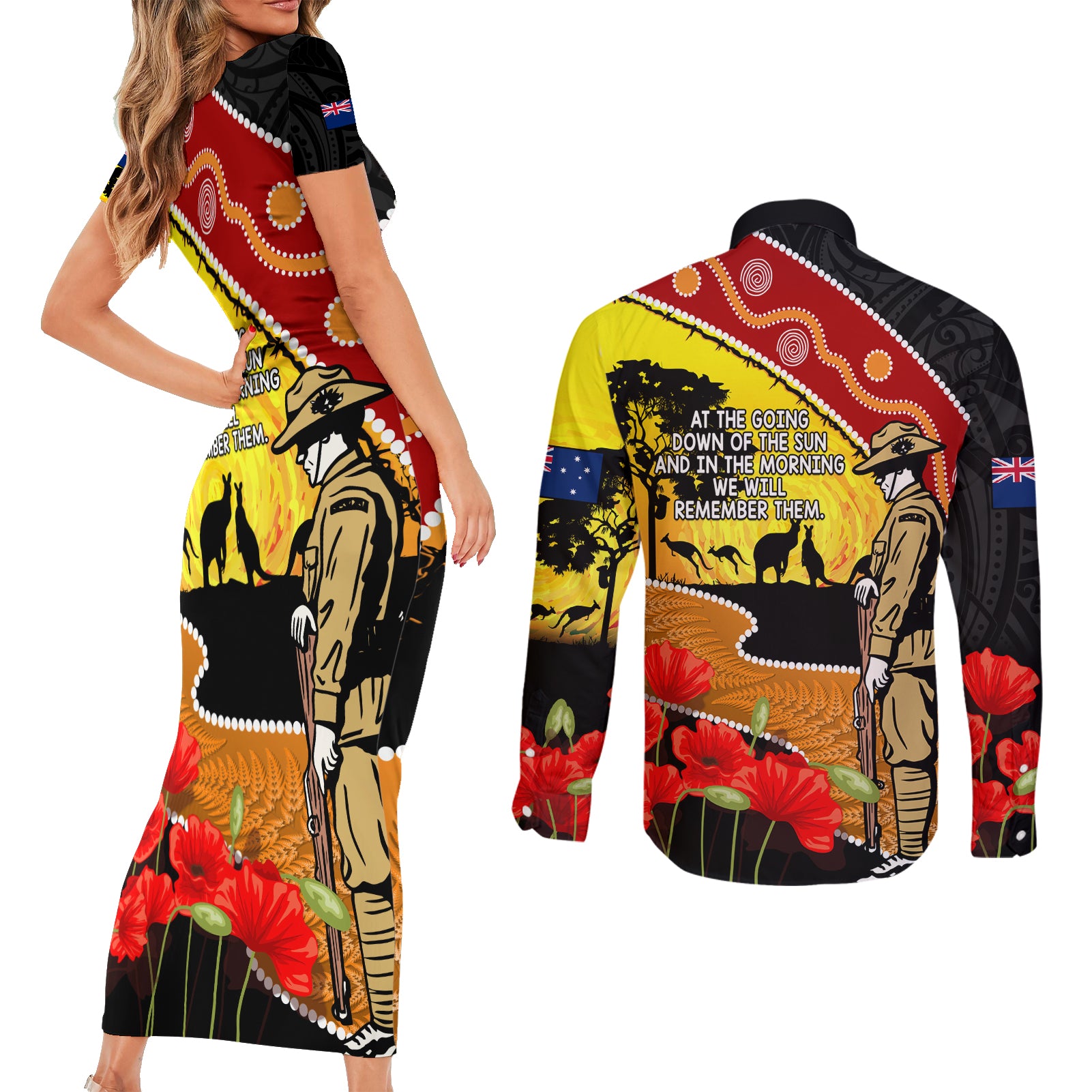 New Zealand And Australia ANZAC Day Couples Matching Short Sleeve Bodycon Dress and Long Sleeve Button Shirt Aboriginal Maori Starring Night Style