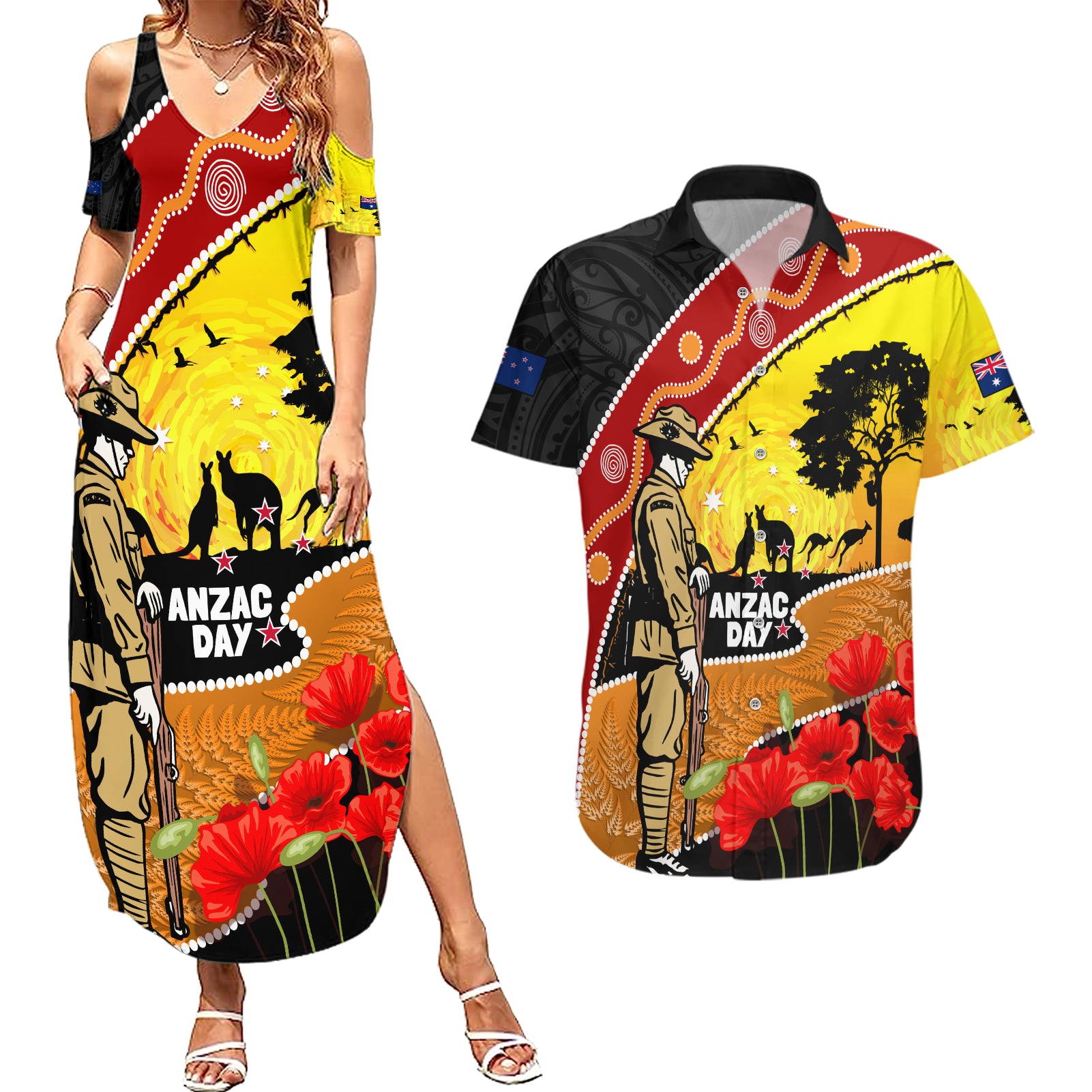 New Zealand And Australia ANZAC Day Couples Matching Summer Maxi Dress and Hawaiian Shirt Aboriginal Maori Starring Night Style