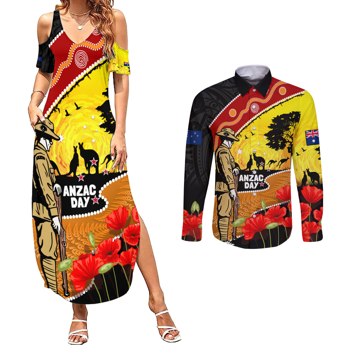New Zealand And Australia ANZAC Day Couples Matching Summer Maxi Dress and Long Sleeve Button Shirt Aboriginal Maori Starring Night Style