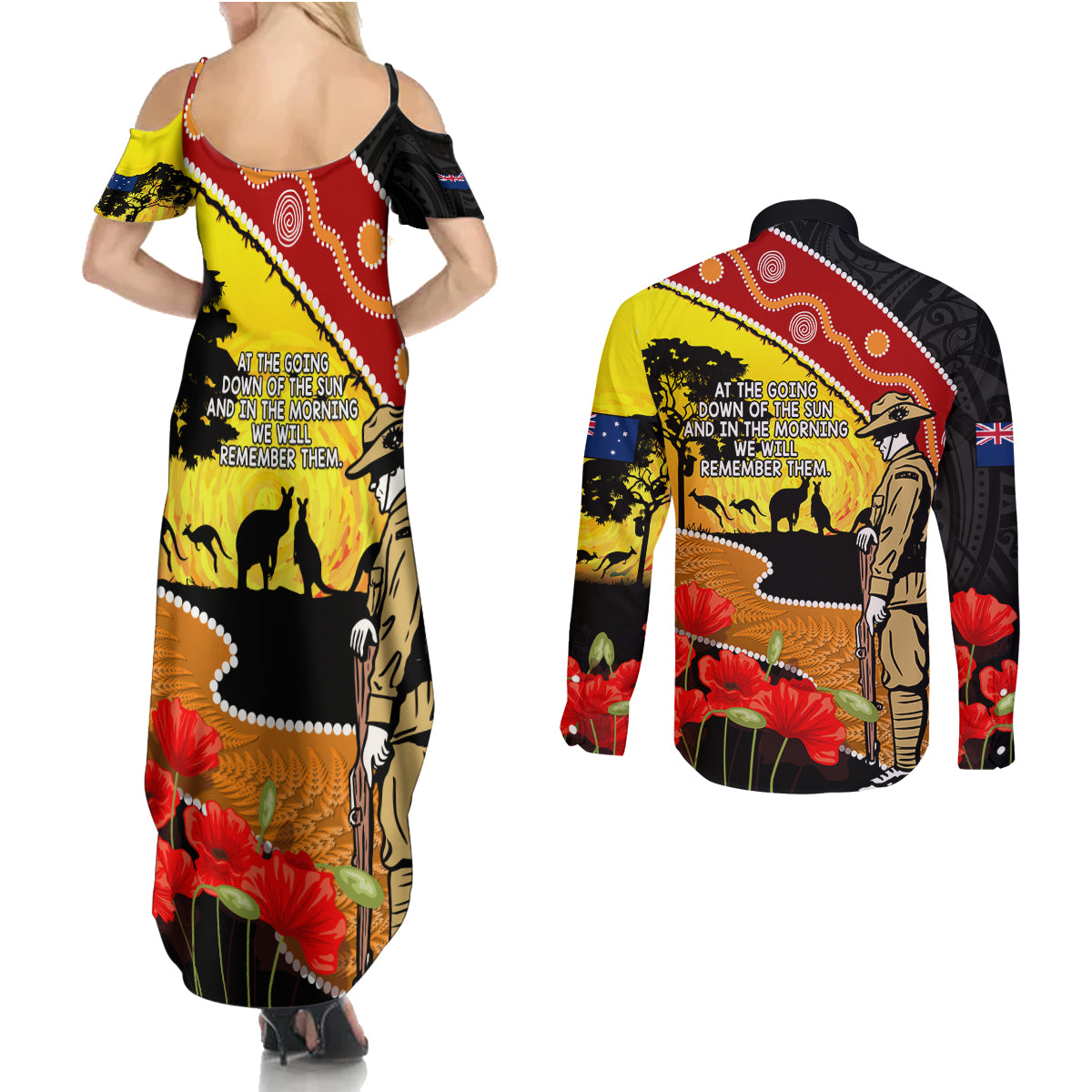 New Zealand And Australia ANZAC Day Couples Matching Summer Maxi Dress and Long Sleeve Button Shirt Aboriginal Maori Starring Night Style