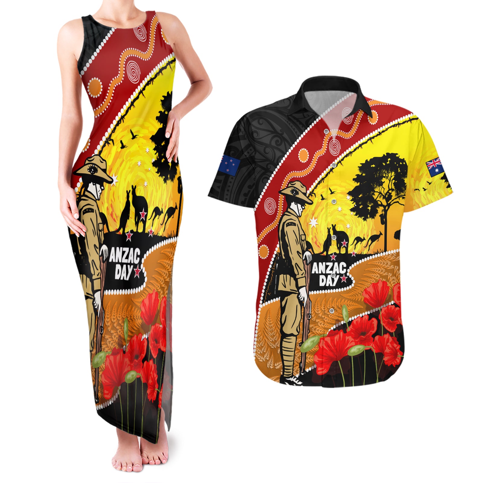 New Zealand And Australia ANZAC Day Couples Matching Tank Maxi Dress and Hawaiian Shirt Aboriginal Maori Starring Night Style