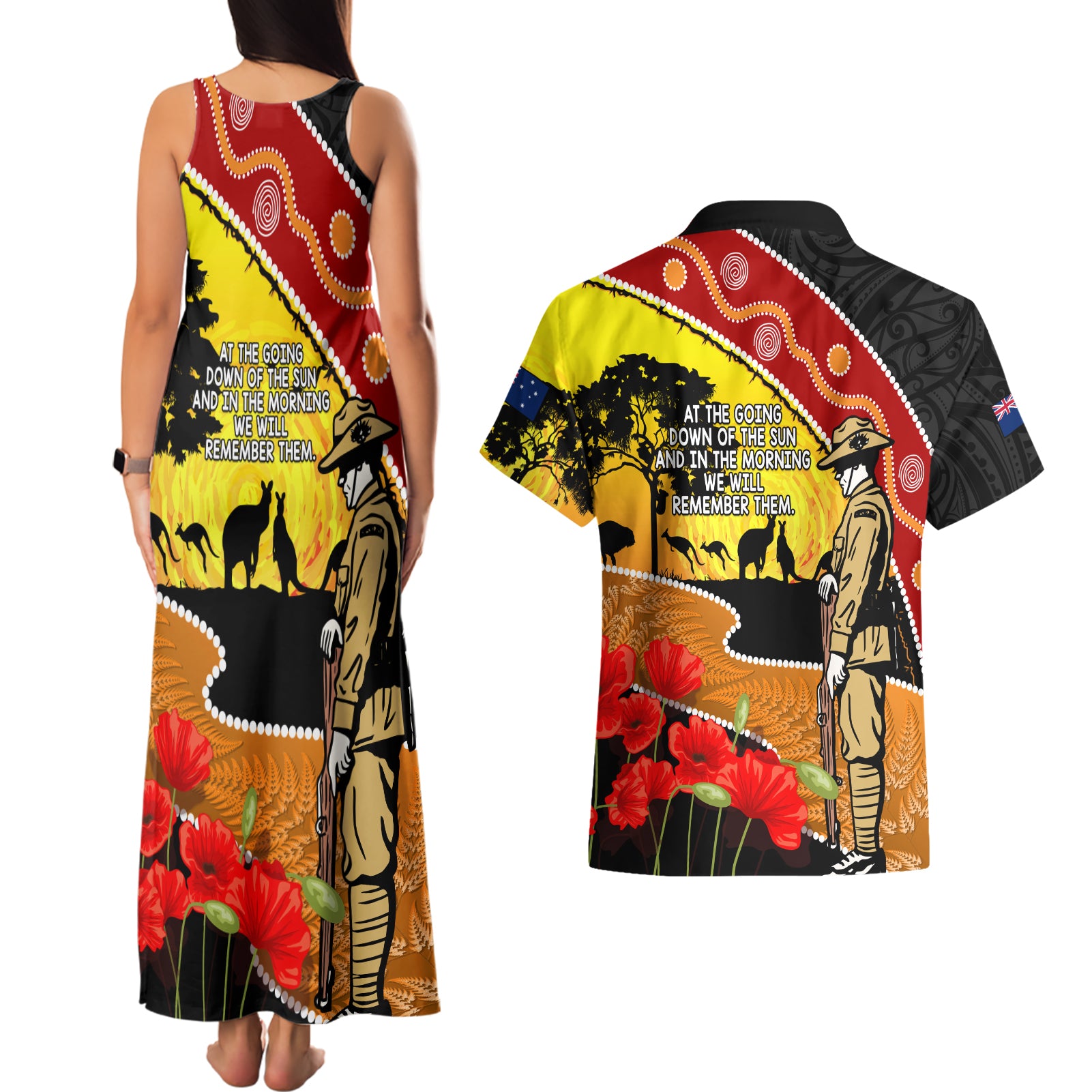New Zealand And Australia ANZAC Day Couples Matching Tank Maxi Dress and Hawaiian Shirt Aboriginal Maori Starring Night Style