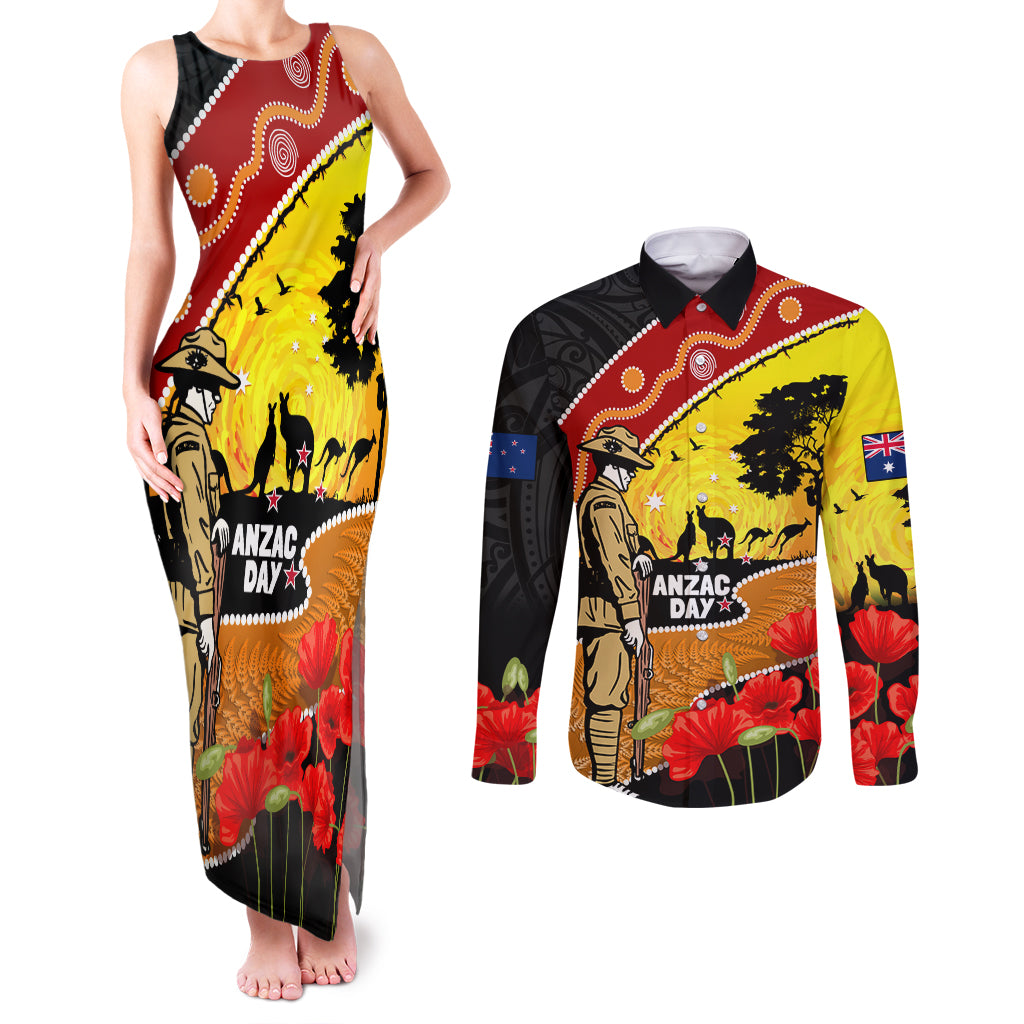 New Zealand And Australia ANZAC Day Couples Matching Tank Maxi Dress and Long Sleeve Button Shirt Aboriginal Maori Starring Night Style