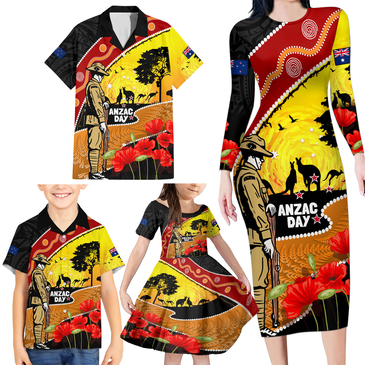 New Zealand And Australia ANZAC Day Family Matching Long Sleeve Bodycon Dress and Hawaiian Shirt Aboriginal Maori Starring Night Style