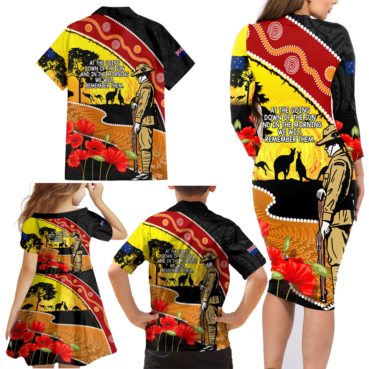 New Zealand And Australia ANZAC Day Family Matching Long Sleeve Bodycon Dress and Hawaiian Shirt Aboriginal Maori Starring Night Style