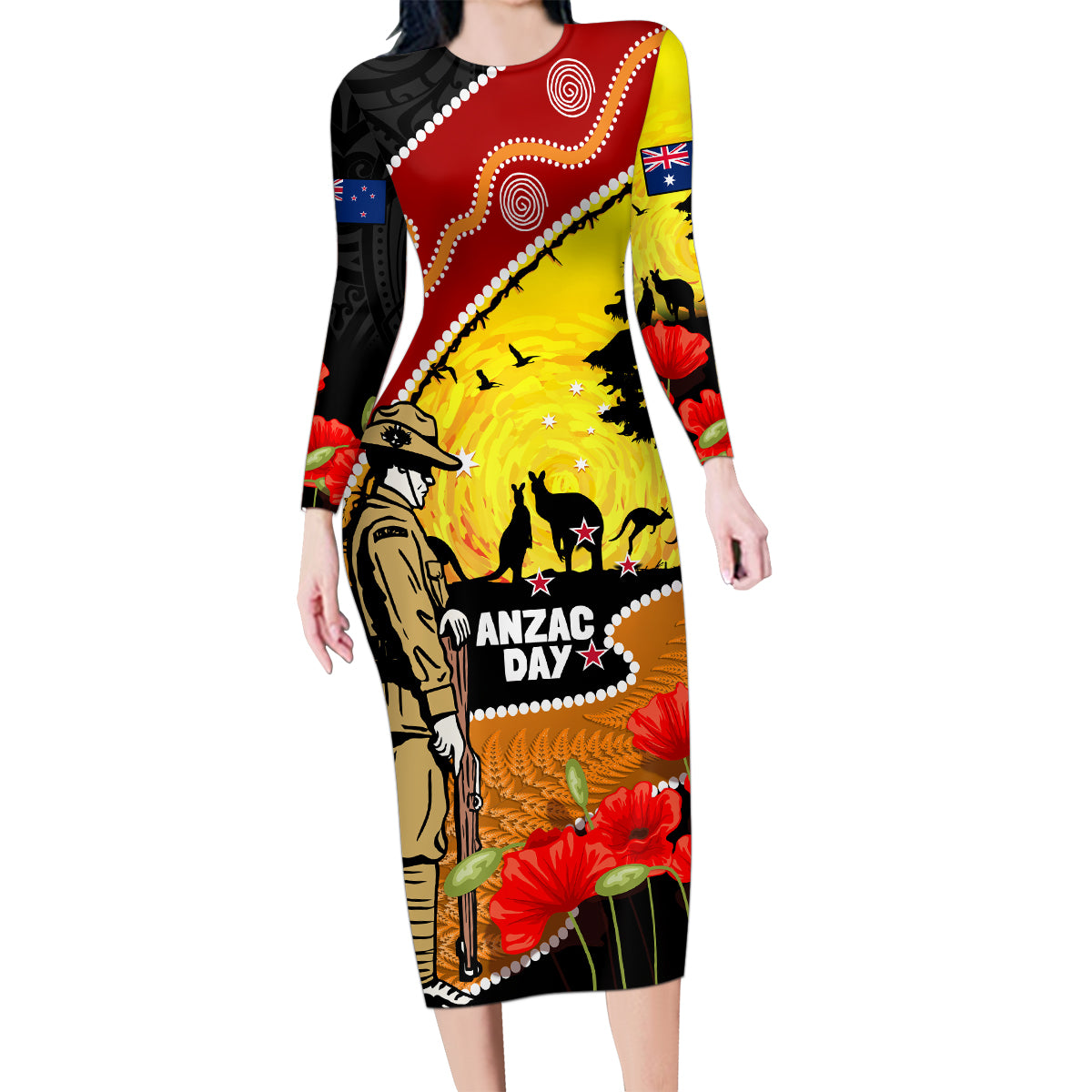 New Zealand And Australia ANZAC Day Family Matching Long Sleeve Bodycon Dress and Hawaiian Shirt Aboriginal Maori Starring Night Style