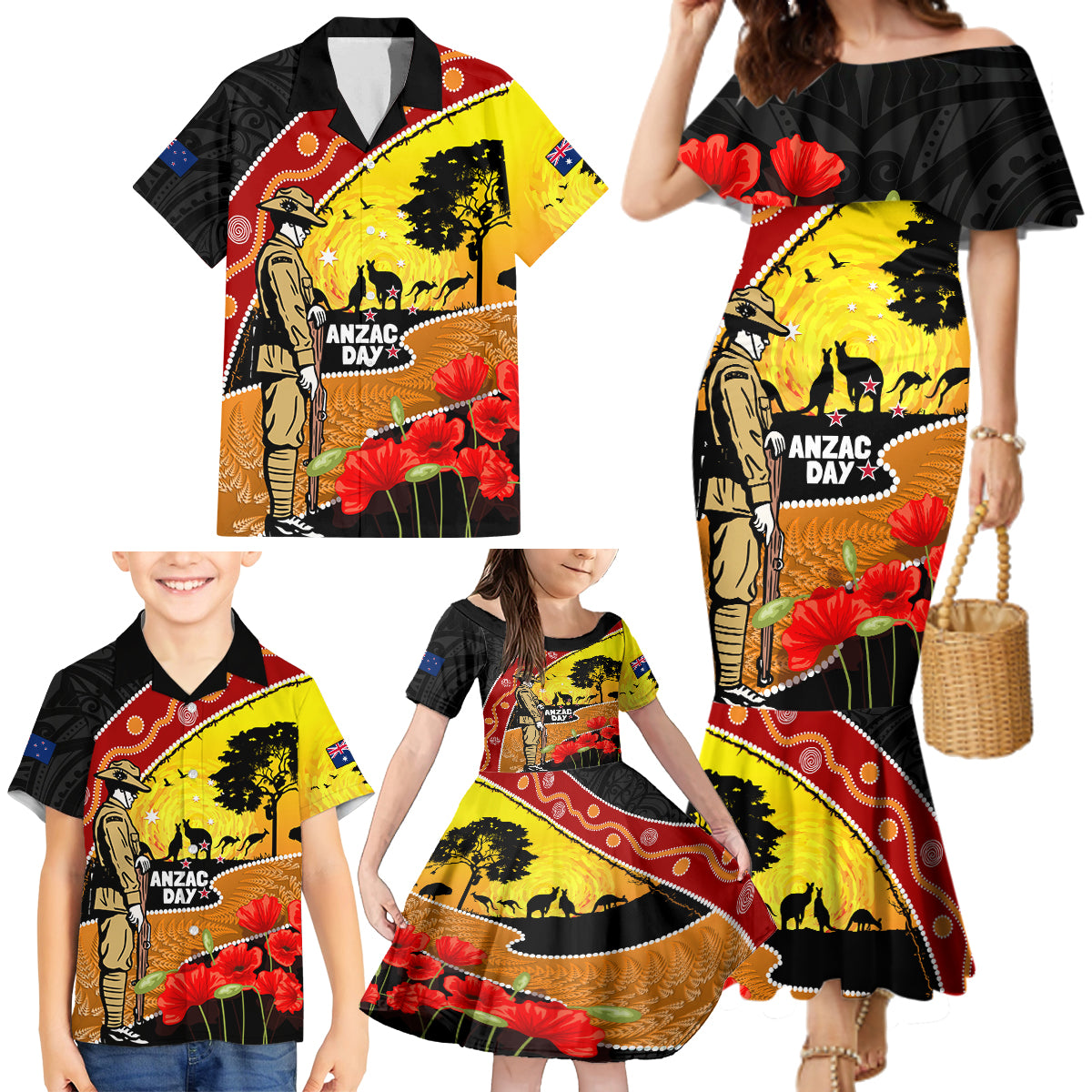 New Zealand And Australia ANZAC Day Family Matching Mermaid Dress and Hawaiian Shirt Aboriginal Maori Starring Night Style