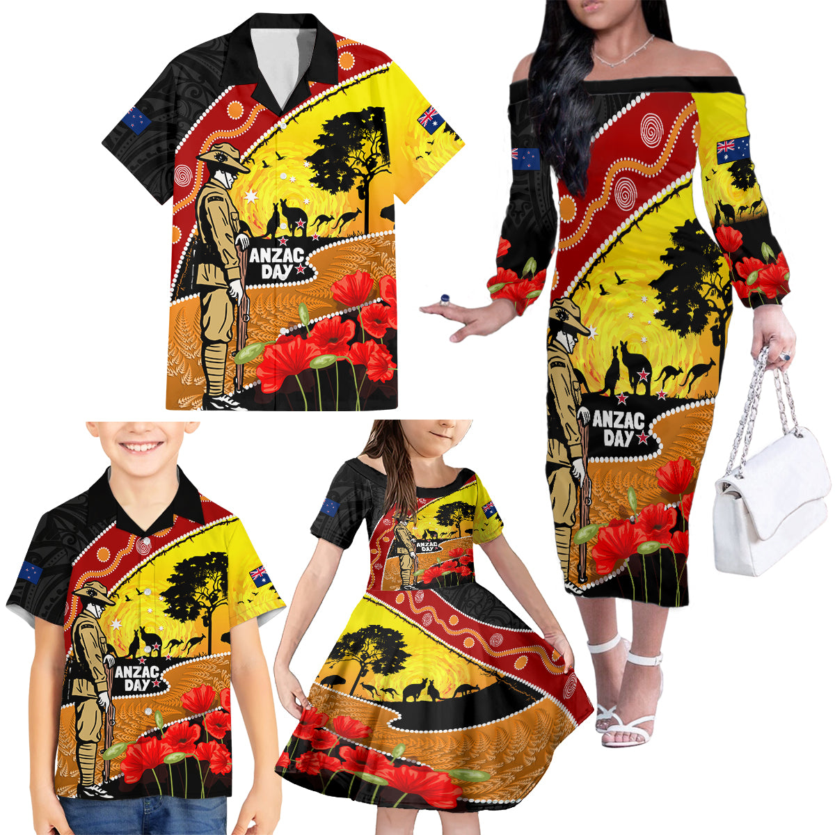 New Zealand And Australia ANZAC Day Family Matching Off Shoulder Long Sleeve Dress and Hawaiian Shirt Aboriginal Maori Starring Night Style