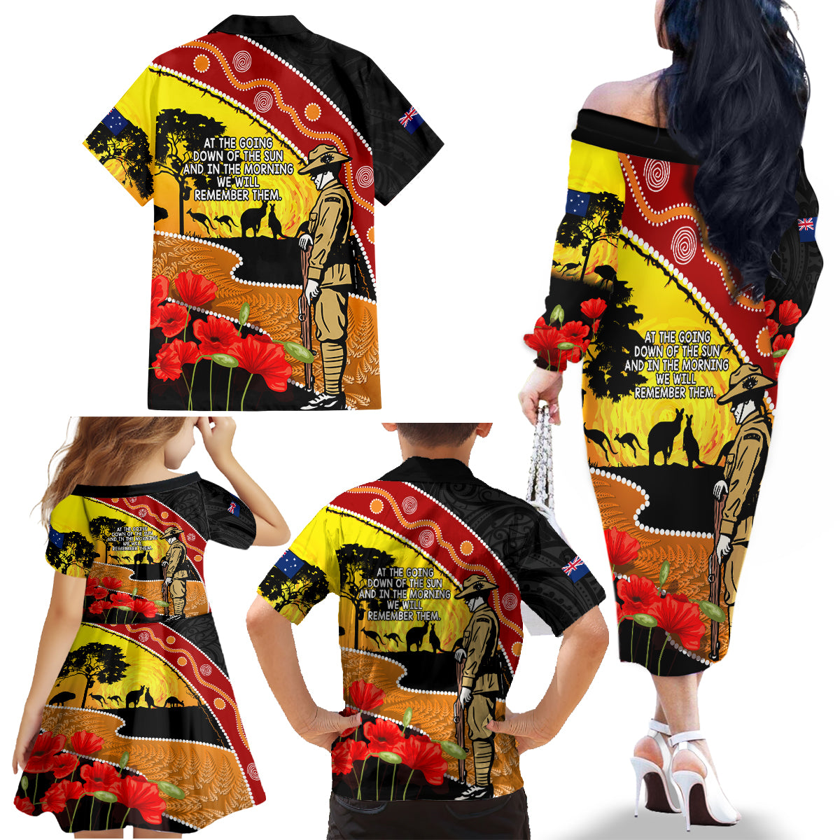 New Zealand And Australia ANZAC Day Family Matching Off Shoulder Long Sleeve Dress and Hawaiian Shirt Aboriginal Maori Starring Night Style