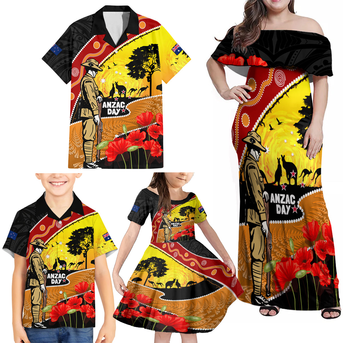 New Zealand And Australia ANZAC Day Family Matching Off Shoulder Maxi Dress and Hawaiian Shirt Aboriginal Maori Starring Night Style