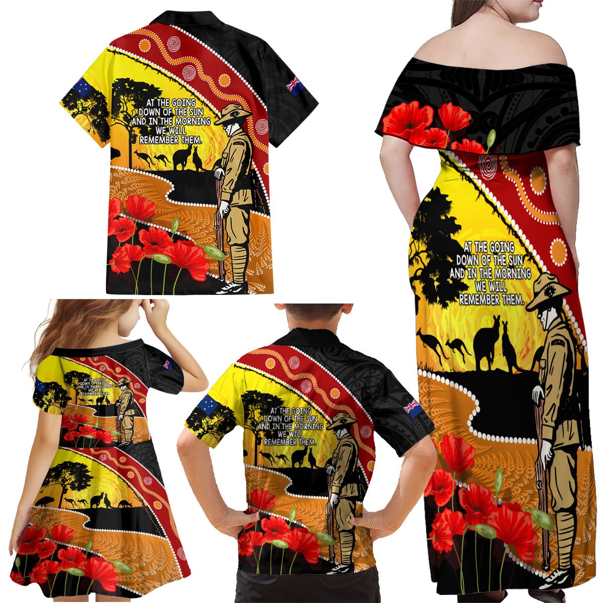 New Zealand And Australia ANZAC Day Family Matching Off Shoulder Maxi Dress and Hawaiian Shirt Aboriginal Maori Starring Night Style