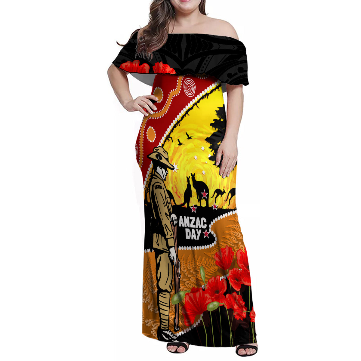 New Zealand And Australia ANZAC Day Family Matching Off Shoulder Maxi Dress and Hawaiian Shirt Aboriginal Maori Starring Night Style