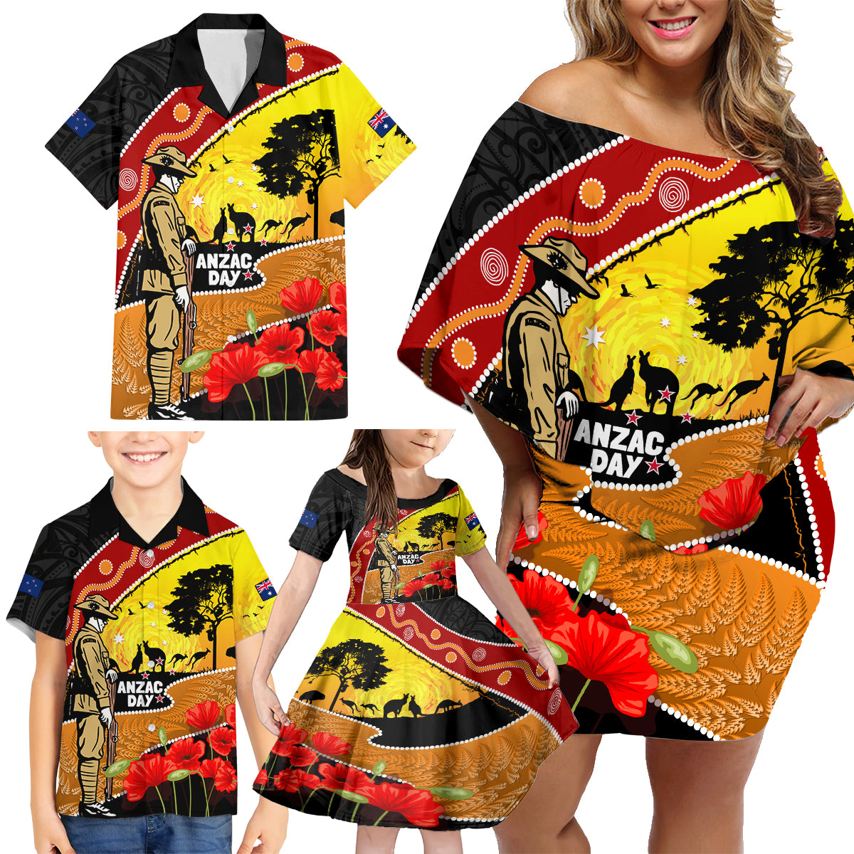 New Zealand And Australia ANZAC Day Family Matching Off Shoulder Short Dress and Hawaiian Shirt Aboriginal Maori Starring Night Style