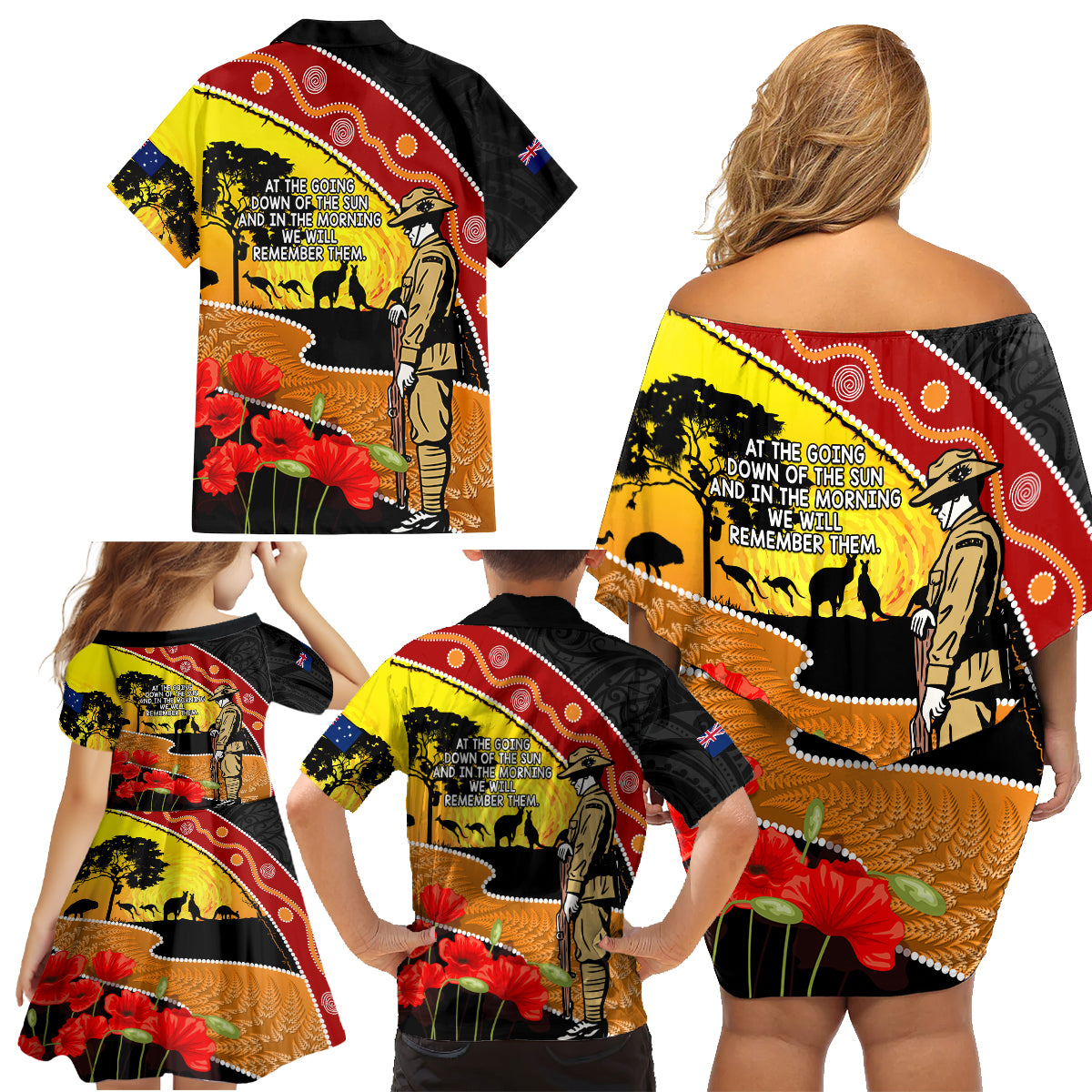 New Zealand And Australia ANZAC Day Family Matching Off Shoulder Short Dress and Hawaiian Shirt Aboriginal Maori Starring Night Style
