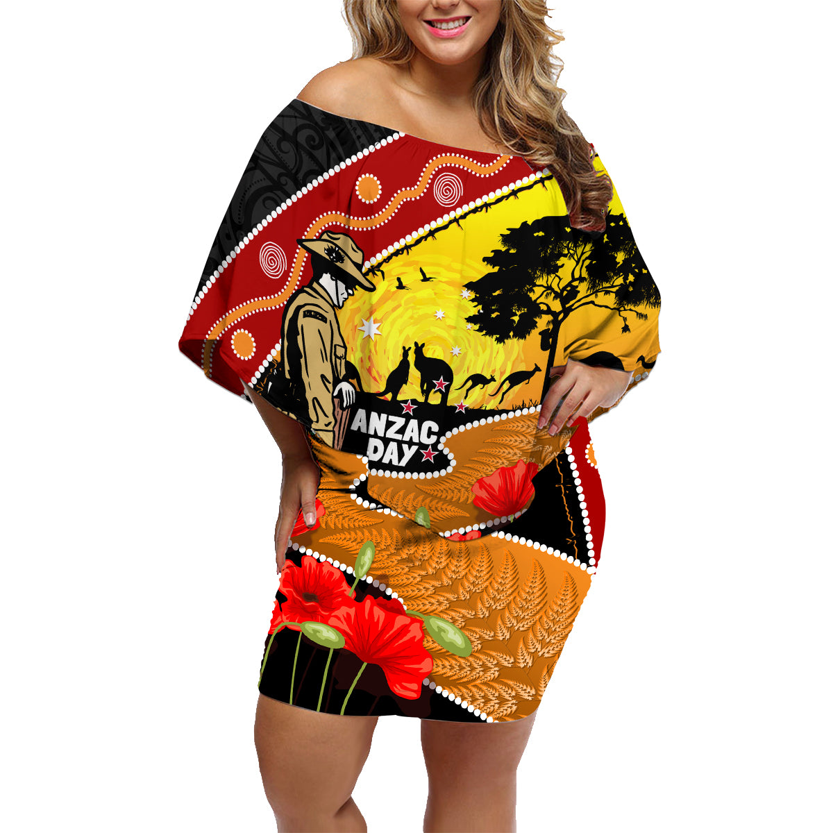 New Zealand And Australia ANZAC Day Family Matching Off Shoulder Short Dress and Hawaiian Shirt Aboriginal Maori Starring Night Style