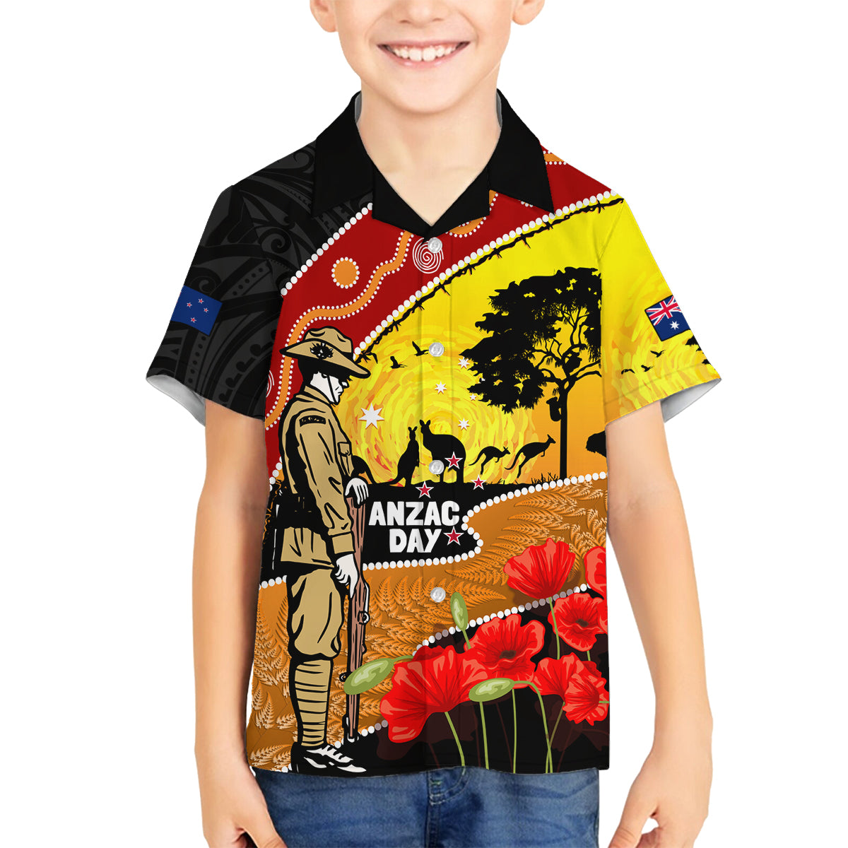 New Zealand And Australia ANZAC Day Family Matching Off Shoulder Short Dress and Hawaiian Shirt Aboriginal Maori Starring Night Style