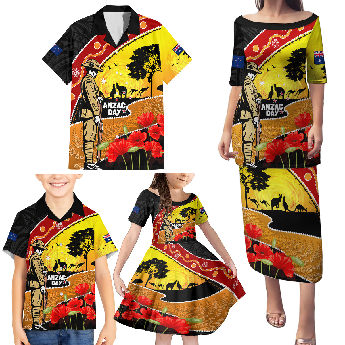 New Zealand And Australia ANZAC Day Family Matching Puletasi and Hawaiian Shirt Aboriginal Maori Starring Night Style