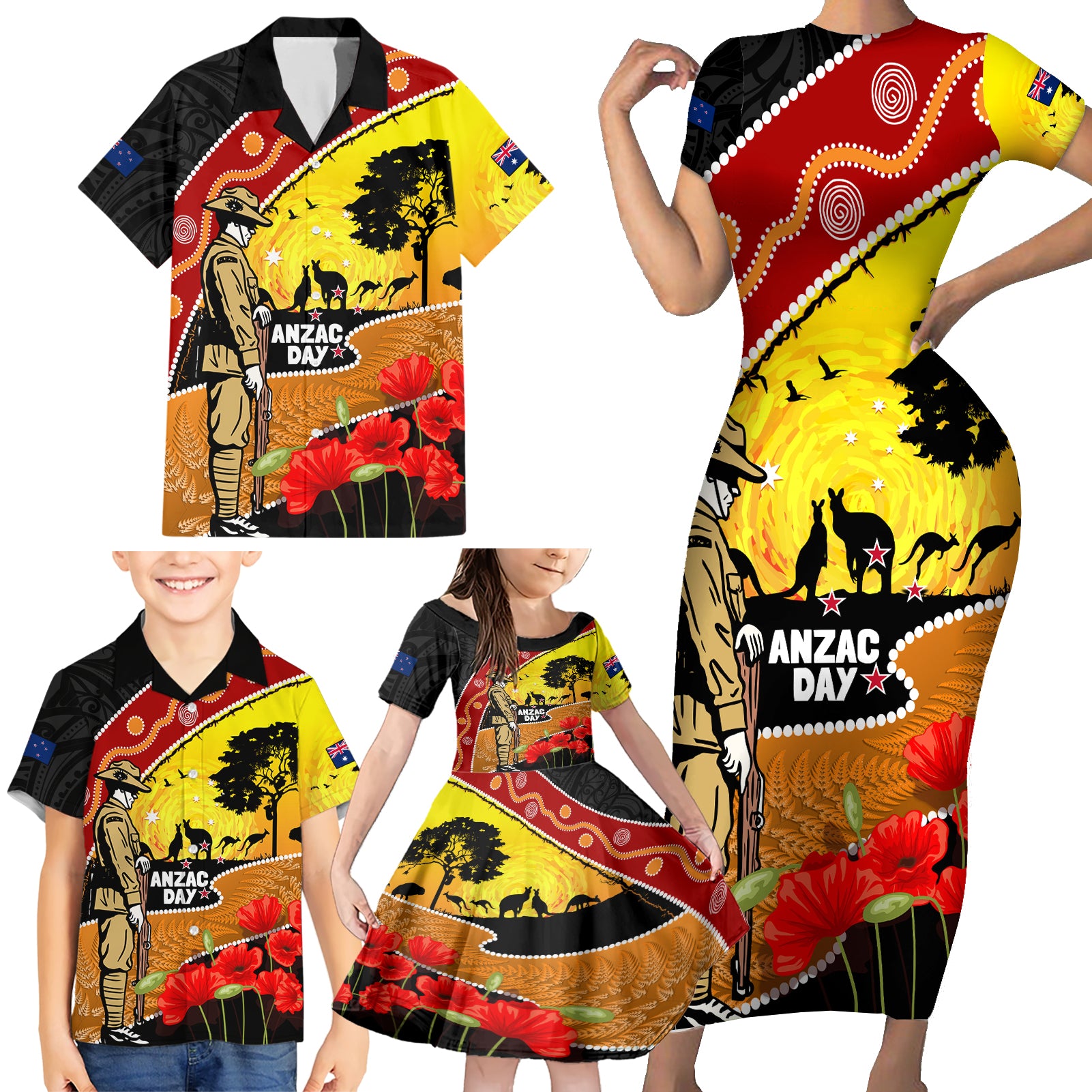 New Zealand And Australia ANZAC Day Family Matching Short Sleeve Bodycon Dress and Hawaiian Shirt Aboriginal Maori Starring Night Style