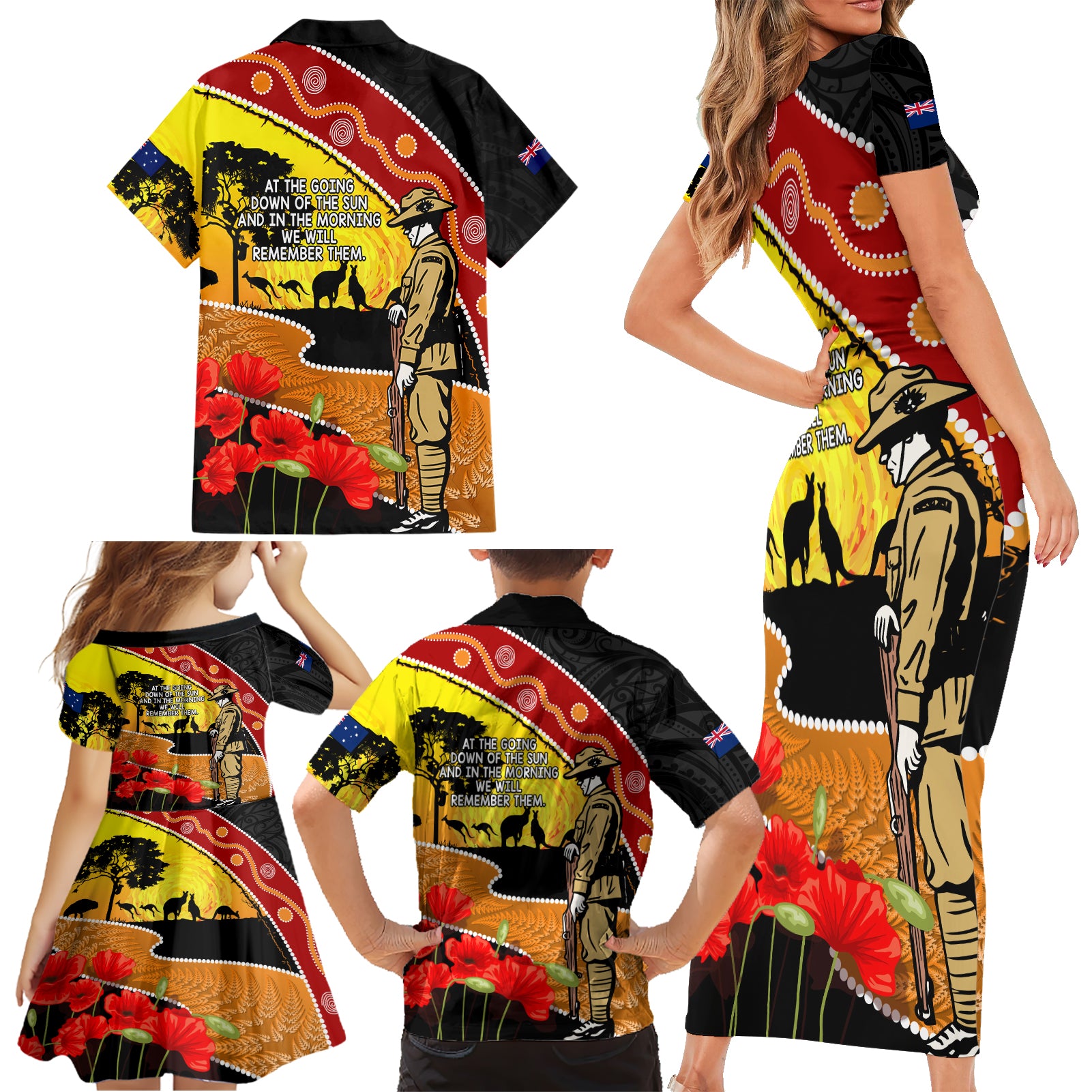 New Zealand And Australia ANZAC Day Family Matching Short Sleeve Bodycon Dress and Hawaiian Shirt Aboriginal Maori Starring Night Style