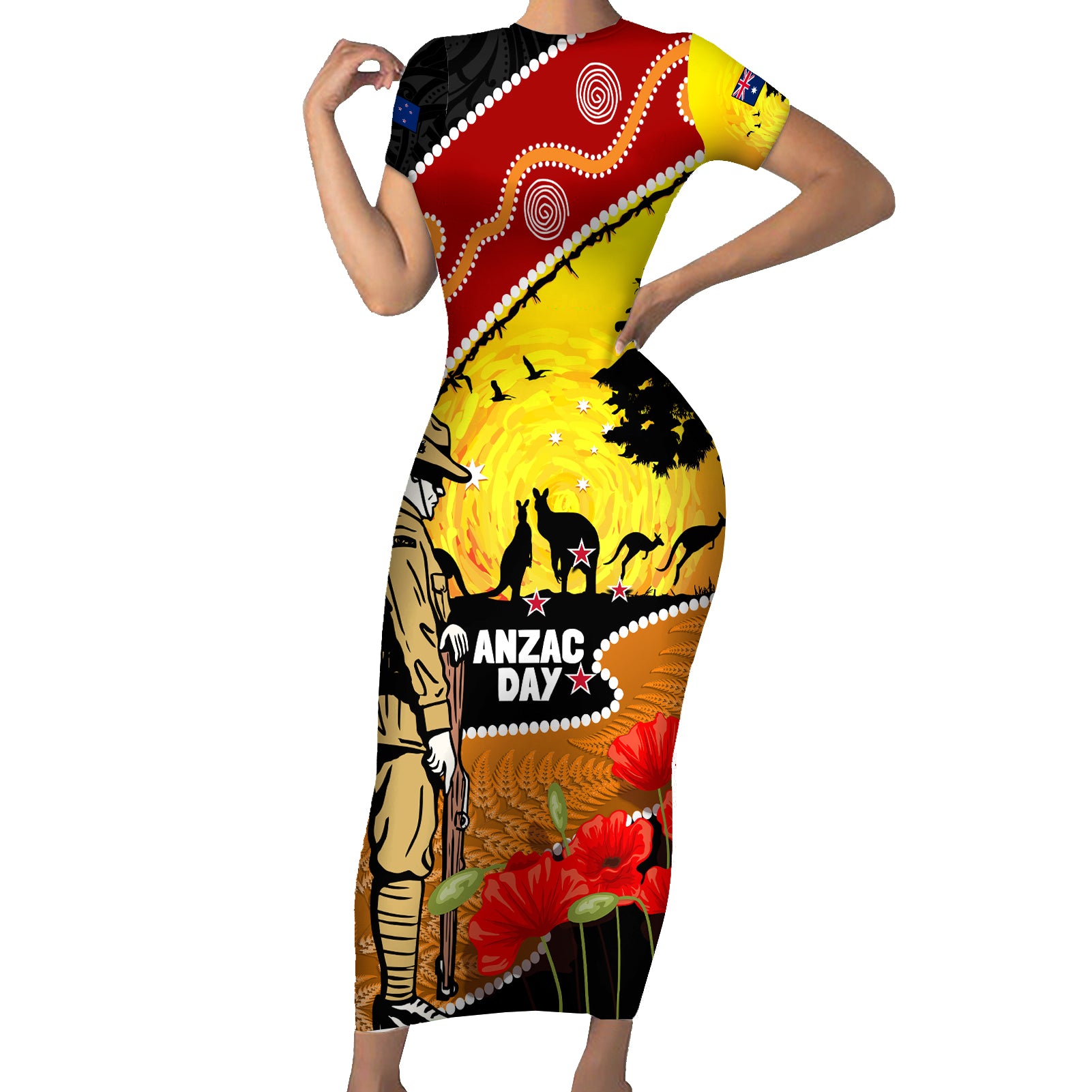 New Zealand And Australia ANZAC Day Family Matching Short Sleeve Bodycon Dress and Hawaiian Shirt Aboriginal Maori Starring Night Style