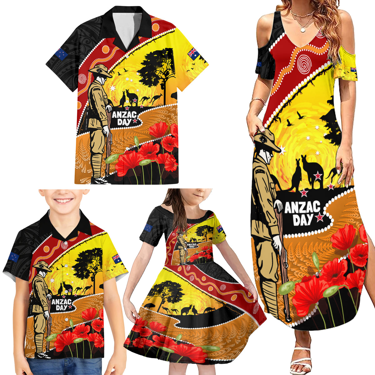 New Zealand And Australia ANZAC Day Family Matching Summer Maxi Dress and Hawaiian Shirt Aboriginal Maori Starring Night Style