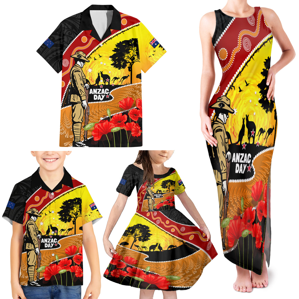 New Zealand And Australia ANZAC Day Family Matching Tank Maxi Dress and Hawaiian Shirt Aboriginal Maori Starring Night Style