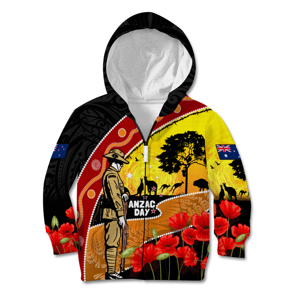 New Zealand And Australia ANZAC Day Kid Hoodie Aboriginal Maori Starring Night Style - Vibe Hoodie Shop
