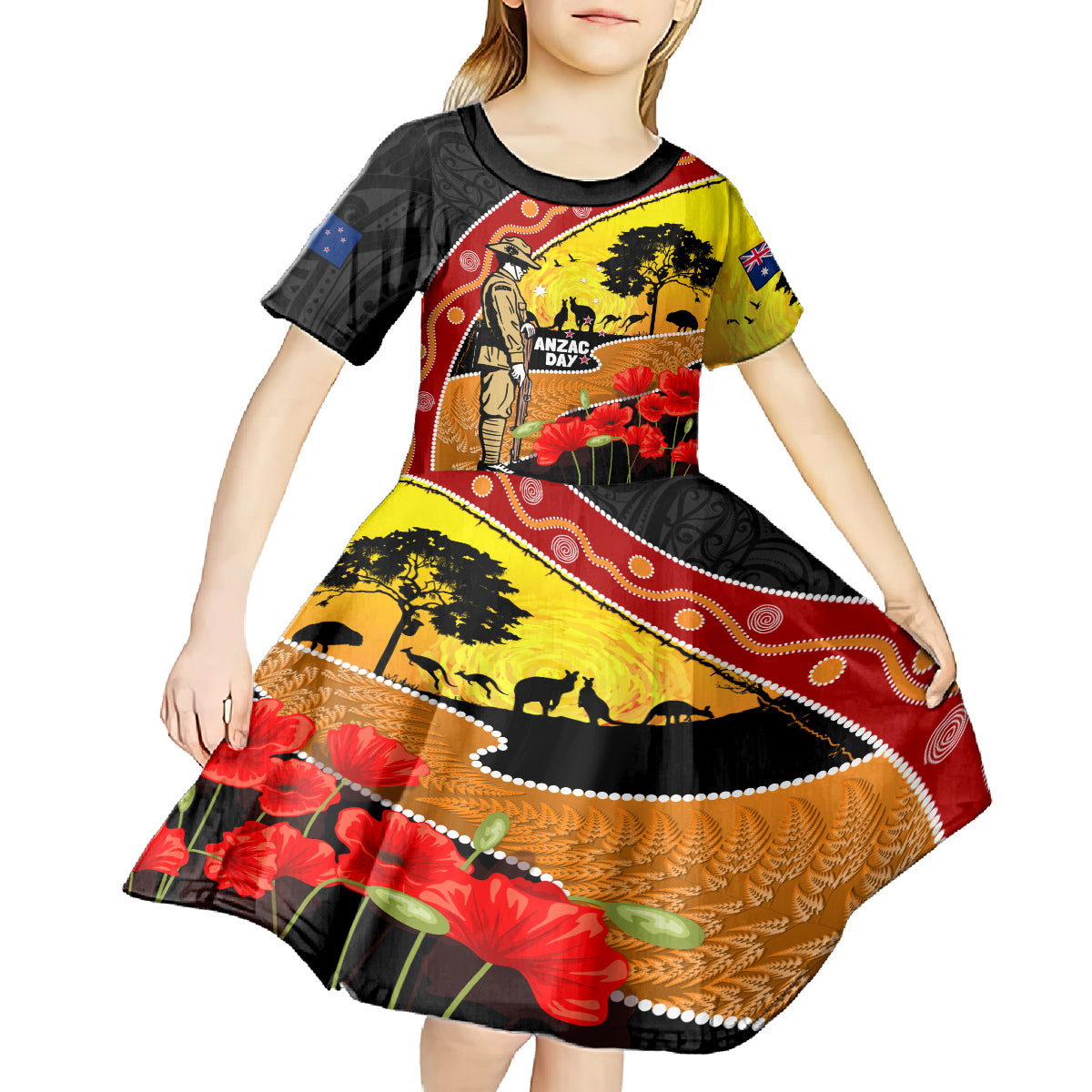 New Zealand And Australia ANZAC Day Kid Short Sleeve Dress Aboriginal Maori Starring Night Style - Vibe Hoodie Shop