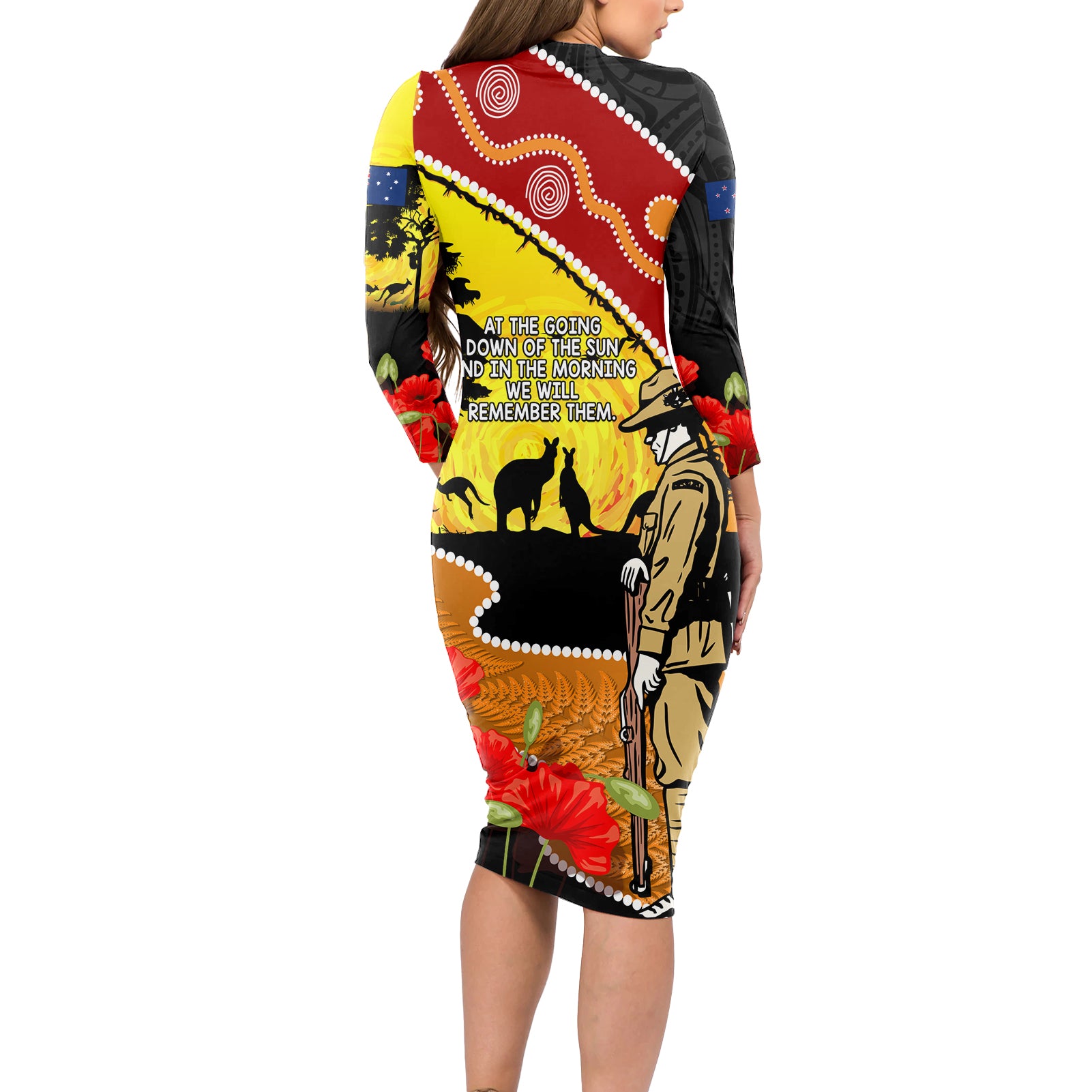 New Zealand And Australia ANZAC Day Long Sleeve Bodycon Dress Aboriginal Maori Starring Night Style
