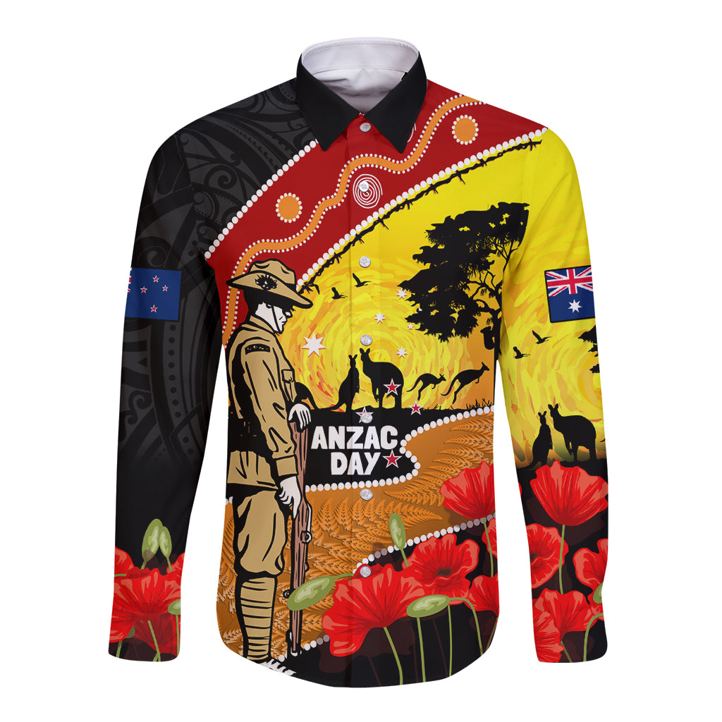 New Zealand And Australia ANZAC Day Long Sleeve Button Shirt Aboriginal Maori Starring Night Style - Vibe Hoodie Shop