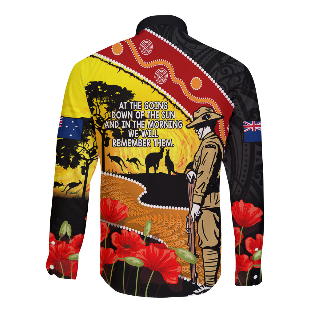 New Zealand And Australia ANZAC Day Long Sleeve Button Shirt Aboriginal Maori Starring Night Style - Vibe Hoodie Shop