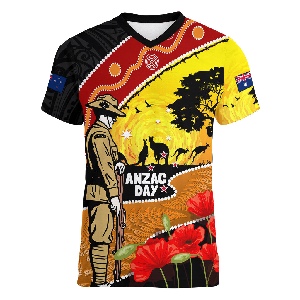 New Zealand And Australia ANZAC Day Women V Neck T Shirt Aboriginal Maori Starring Night Style - Vibe Hoodie Shop