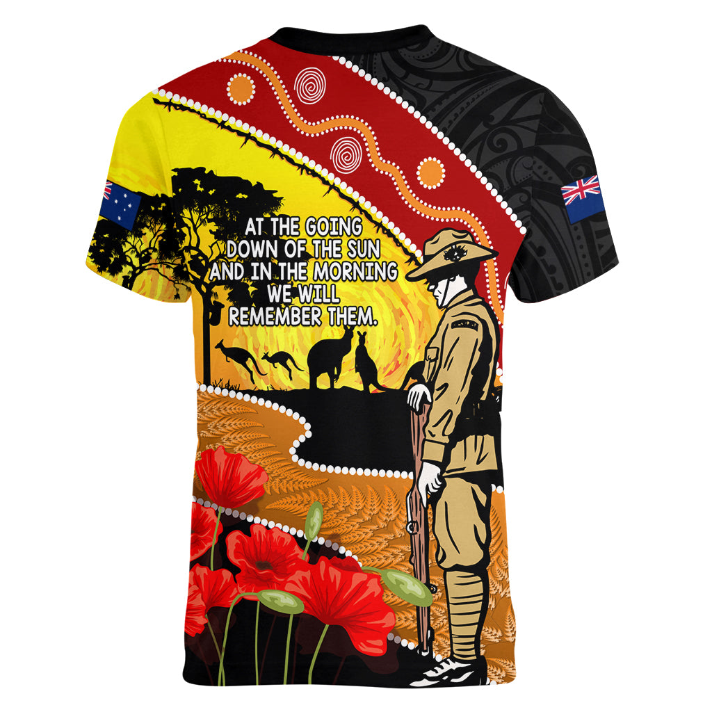 New Zealand And Australia ANZAC Day Women V Neck T Shirt Aboriginal Maori Starring Night Style - Vibe Hoodie Shop