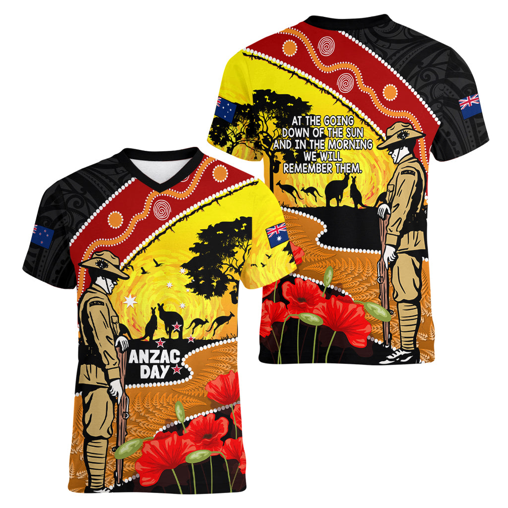 New Zealand And Australia ANZAC Day Women V Neck T Shirt Aboriginal Maori Starring Night Style - Vibe Hoodie Shop