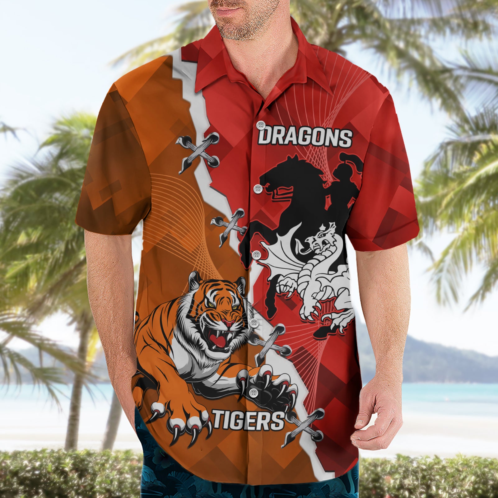 Personalised Dragons And Tigers Rugby Hawaiian Shirt Sporty Style - Vibe Hoodie Shop