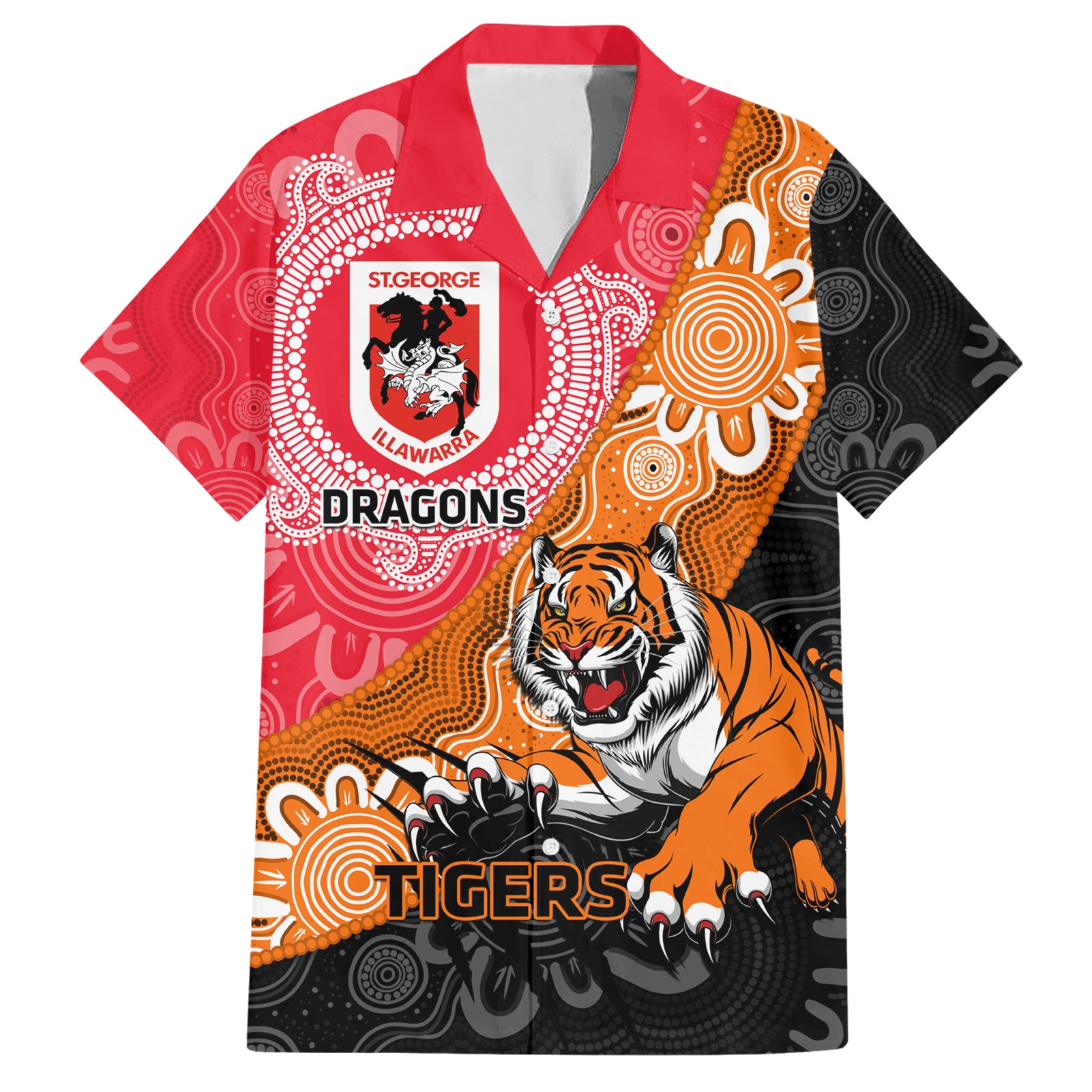 Personalised Dragons And Tigers Rugby Hawaiian Shirt Aboriginal Art - Vibe Hoodie Shop