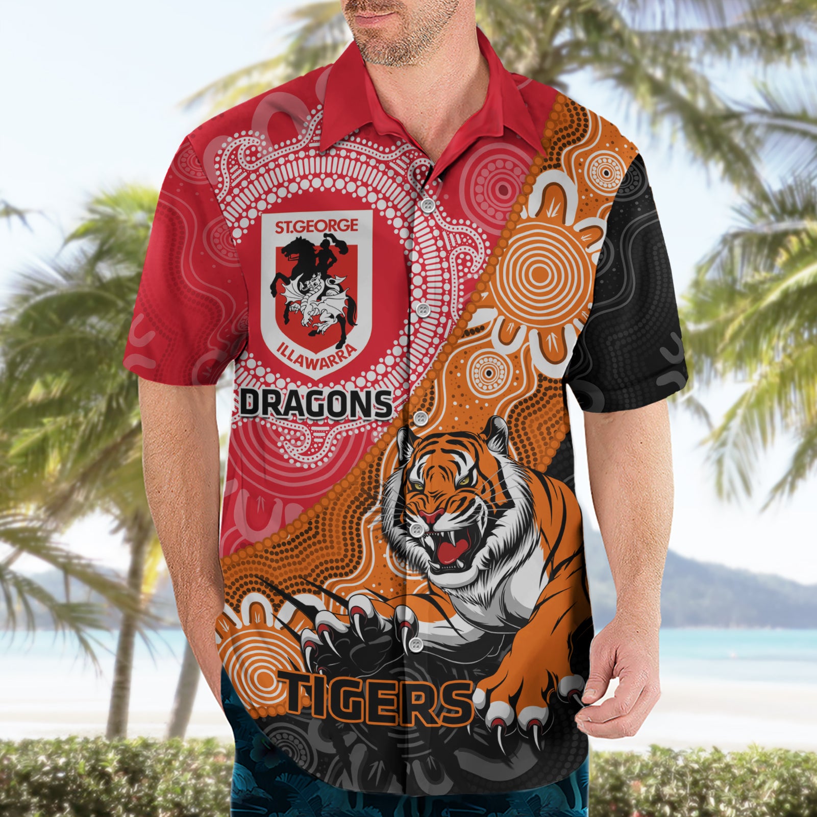 Personalised Dragons And Tigers Rugby Hawaiian Shirt Aboriginal Art - Vibe Hoodie Shop