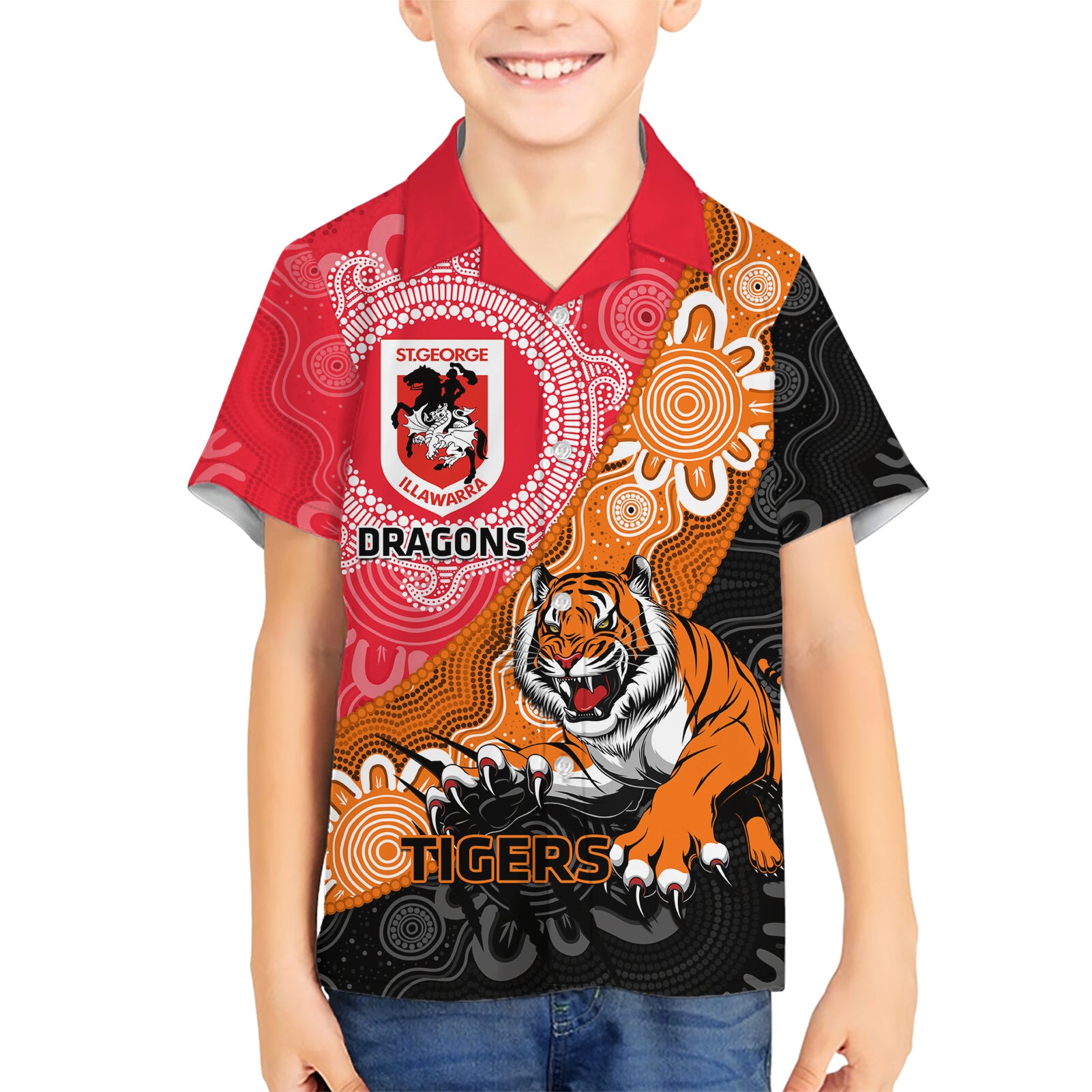 Personalised Dragons And Tigers Rugby Hawaiian Shirt Aboriginal Art - Vibe Hoodie Shop