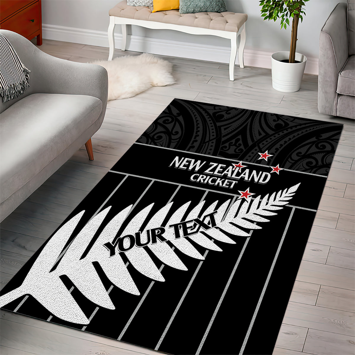 Custom New Zealand Silver Fern Cricket Area Rug Aotearoa Maori Go Black Cap - Vibe Hoodie Shop