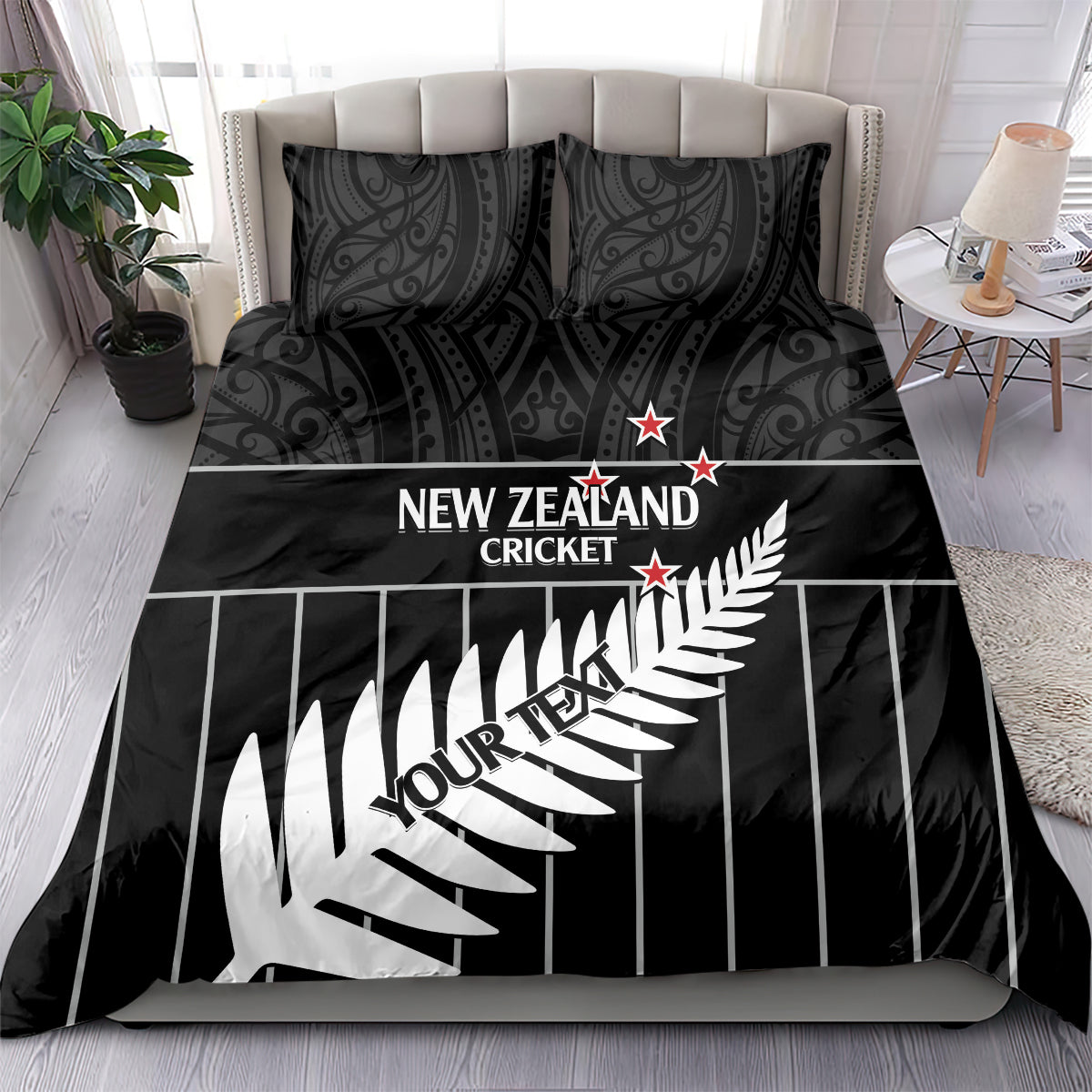 Custom New Zealand Silver Fern Cricket Bedding Set Aotearoa Maori Go Black Cap - Vibe Hoodie Shop