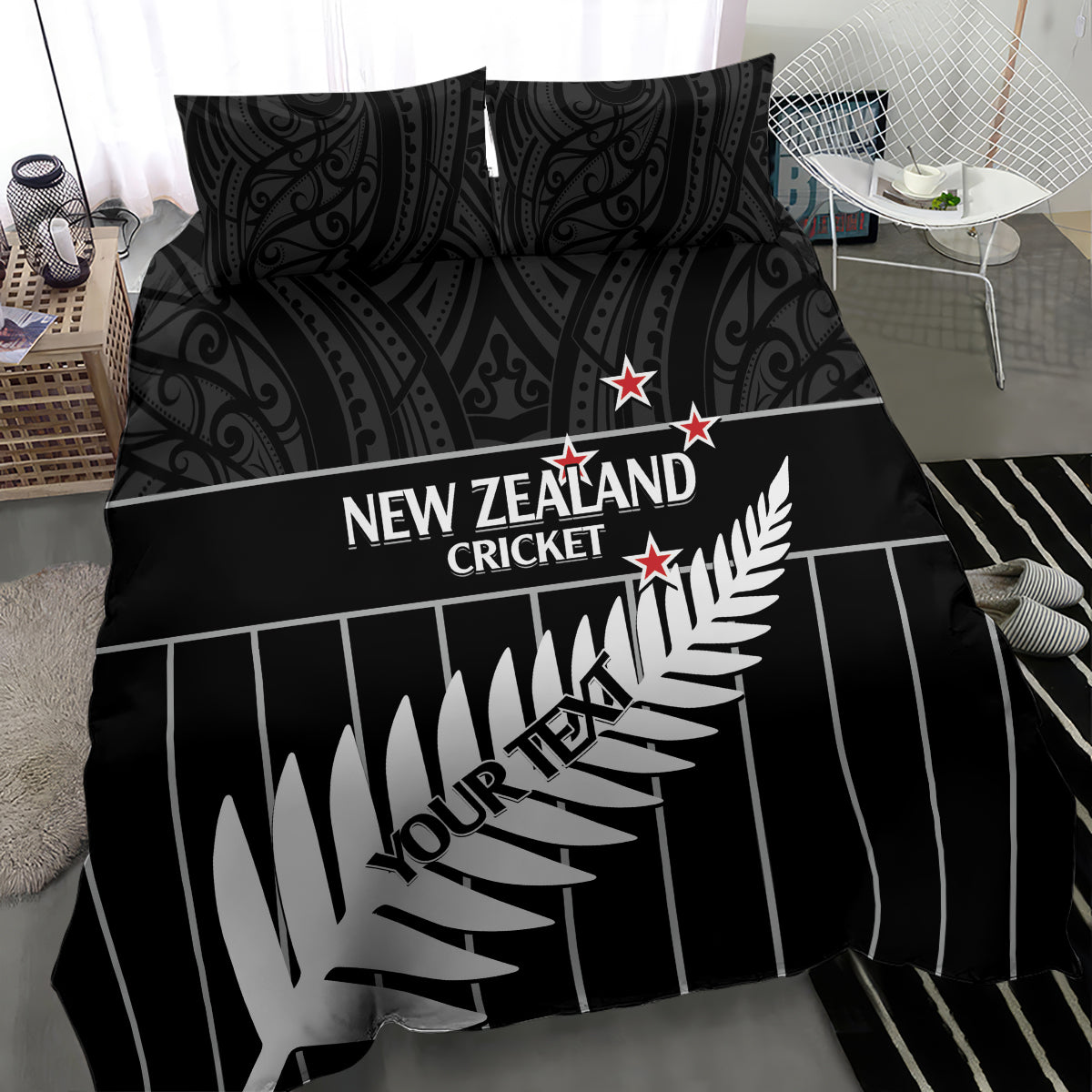 Custom New Zealand Silver Fern Cricket Bedding Set Aotearoa Maori Go Black Cap - Vibe Hoodie Shop