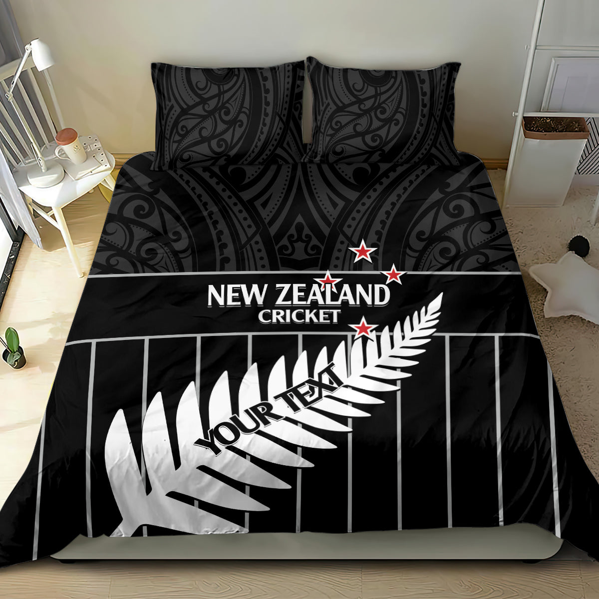Custom New Zealand Silver Fern Cricket Bedding Set Aotearoa Maori Go Black Cap - Vibe Hoodie Shop