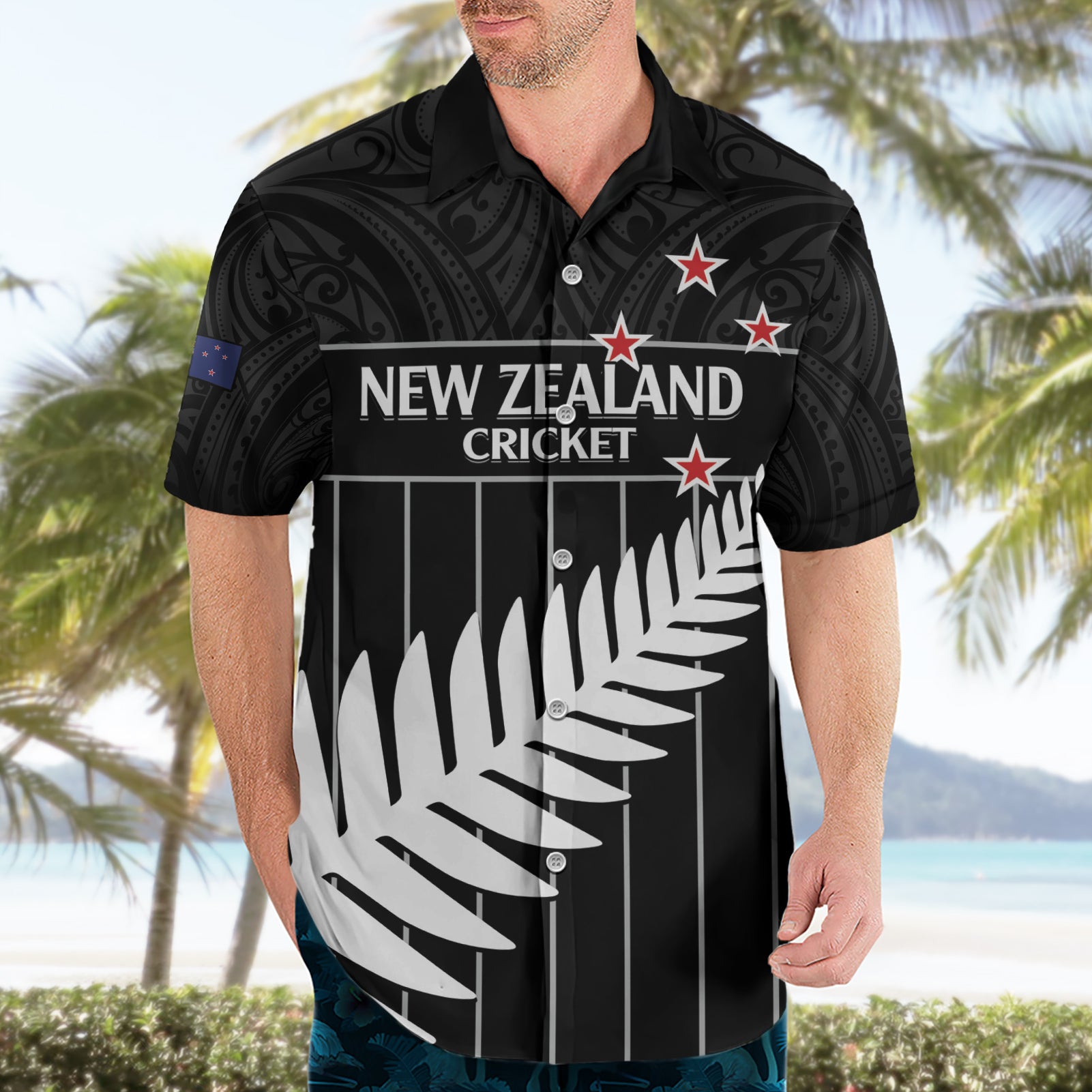 Custom New Zealand Silver Fern Cricket Hawaiian Shirt Aotearoa Maori Go Black Cap - Vibe Hoodie Shop