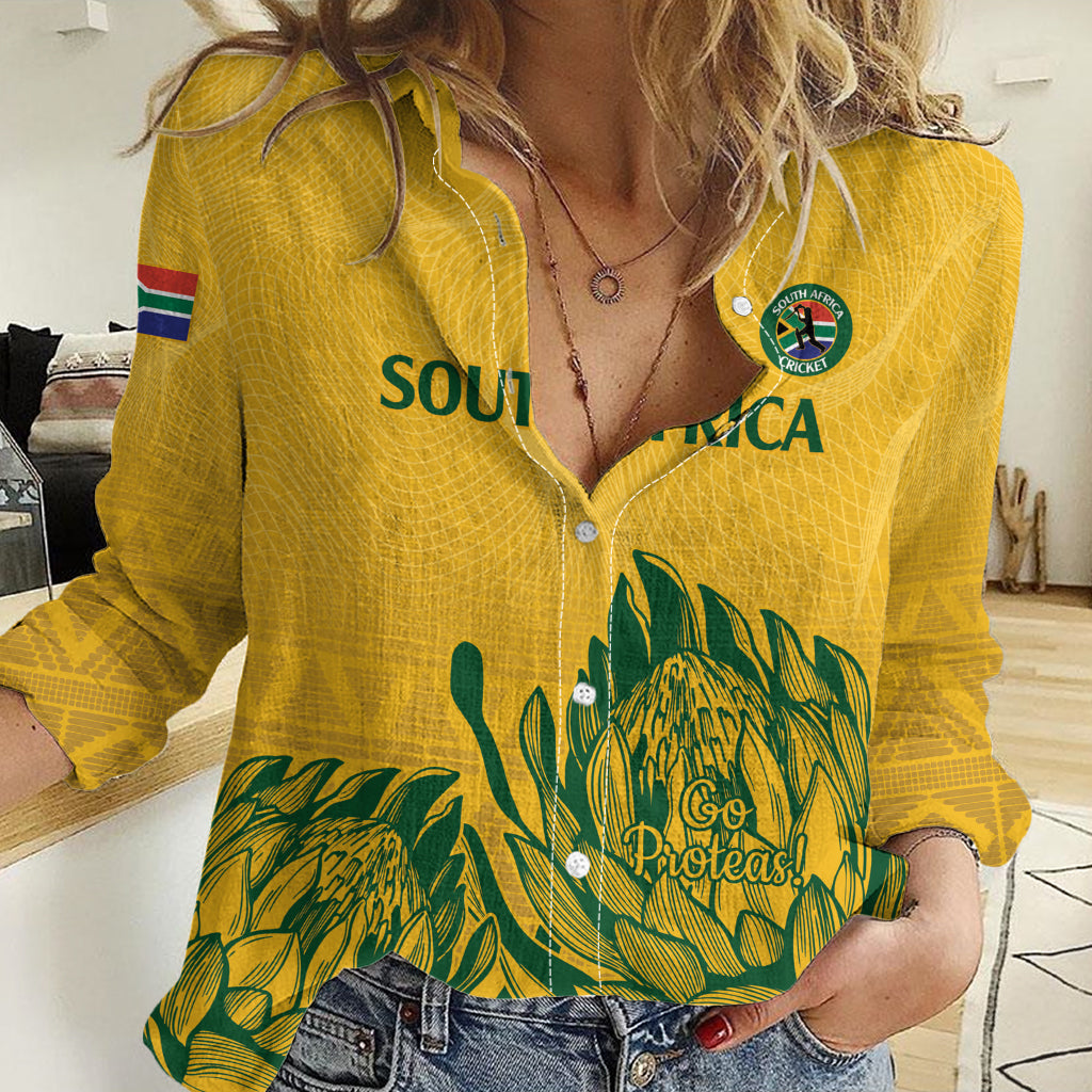Custom South Africa Cricket Women Casual Shirt 2024 African Pattern Go Proteas - Vibe Hoodie Shop