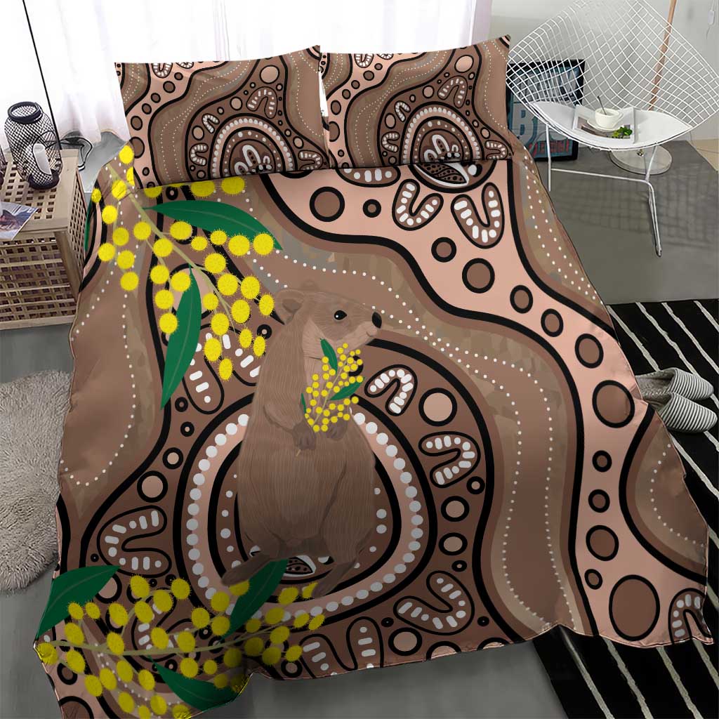Australia Cute Quokka Bedding Set Indigenous Art With Golden Wattle - Vibe Hoodie Shop
