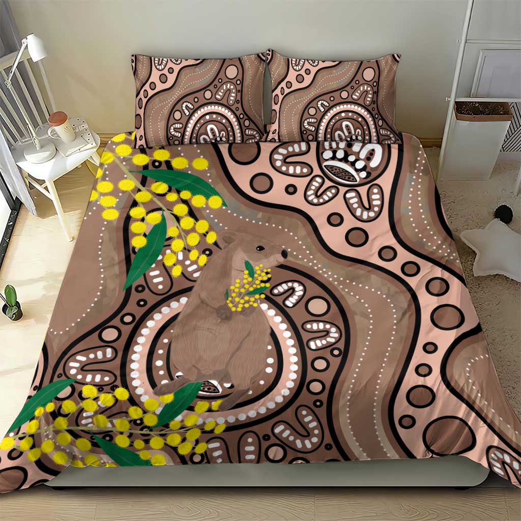 Australia Cute Quokka Bedding Set Indigenous Art With Golden Wattle - Vibe Hoodie Shop
