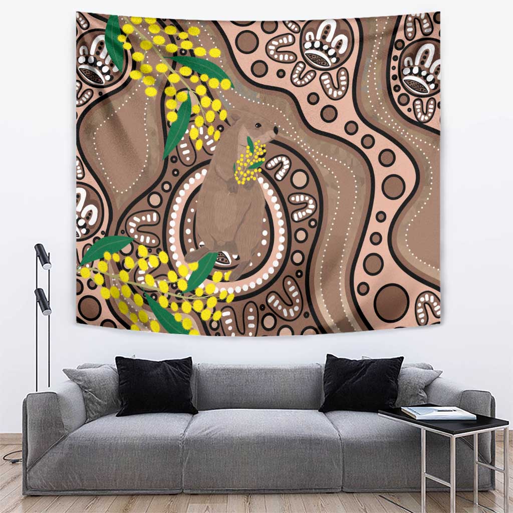 Australia Cute Quokka Tapestry Indigenous Art With Golden Wattle - Vibe Hoodie Shop